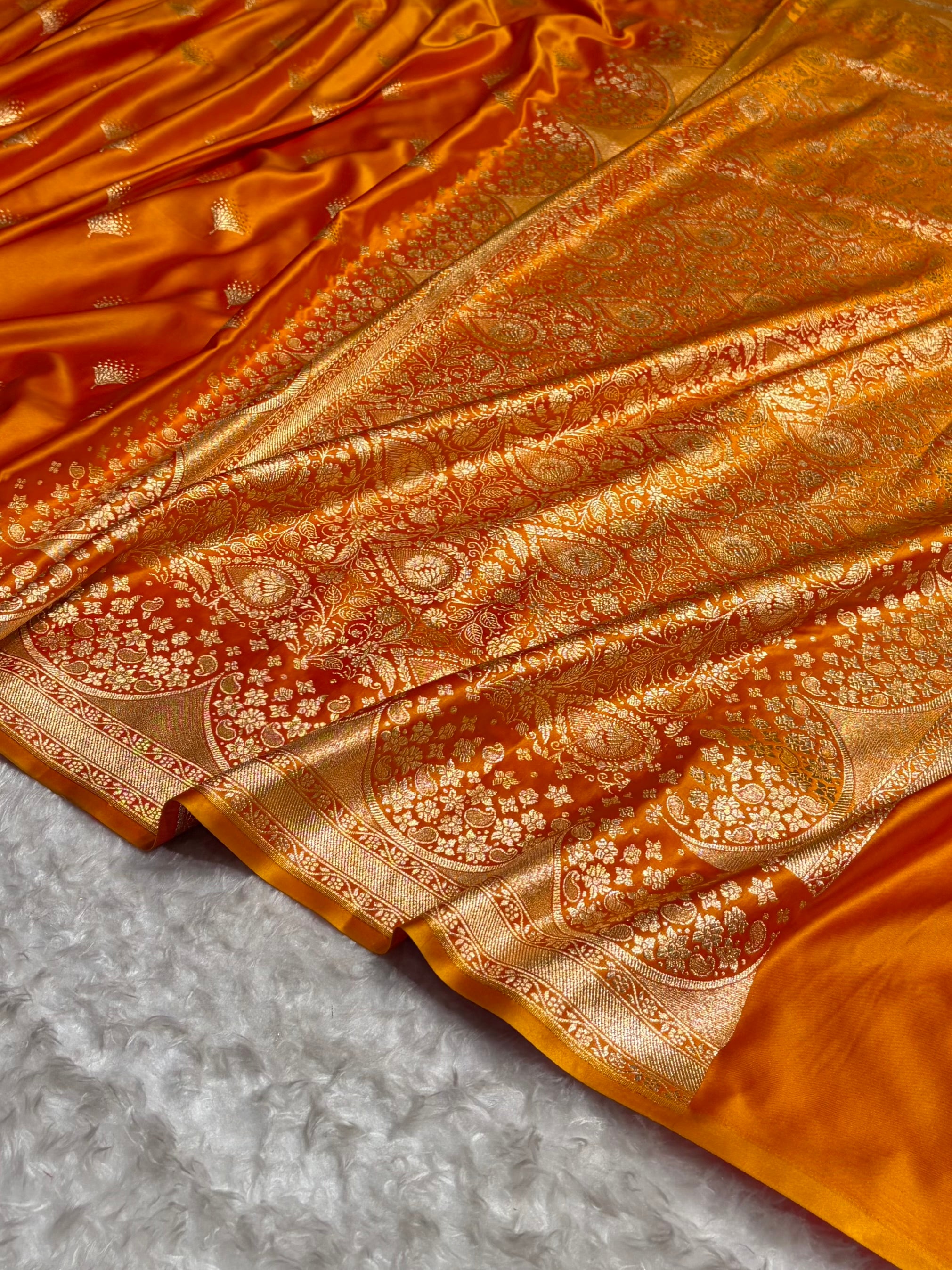 Fire Gold Floral Banasari Pattern Satin Katan Silk Saree SK83