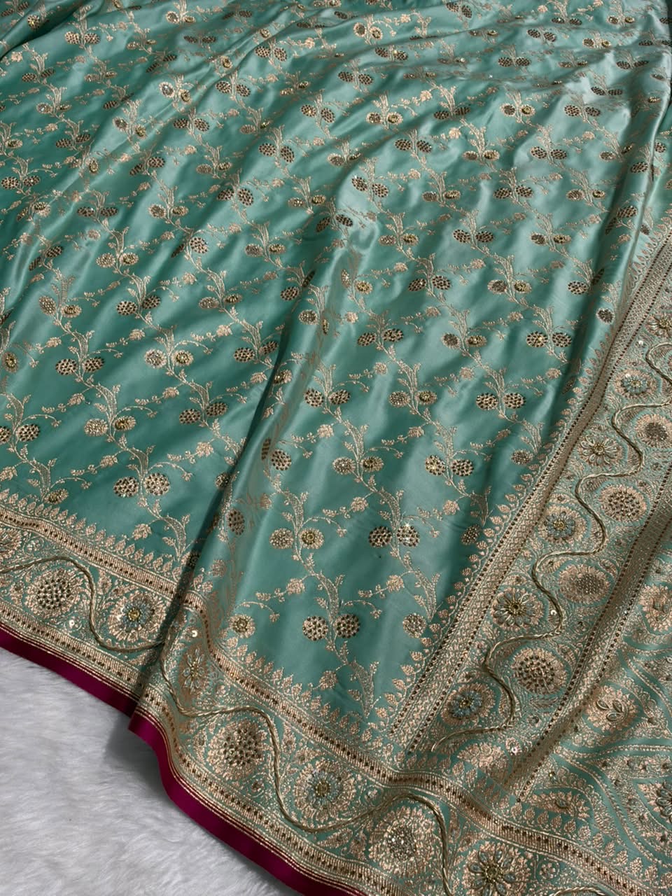 Pastel Sea Green Shades Cross With Swarovski and Zardozi Work Satin Katan Silk Saree BSK17
