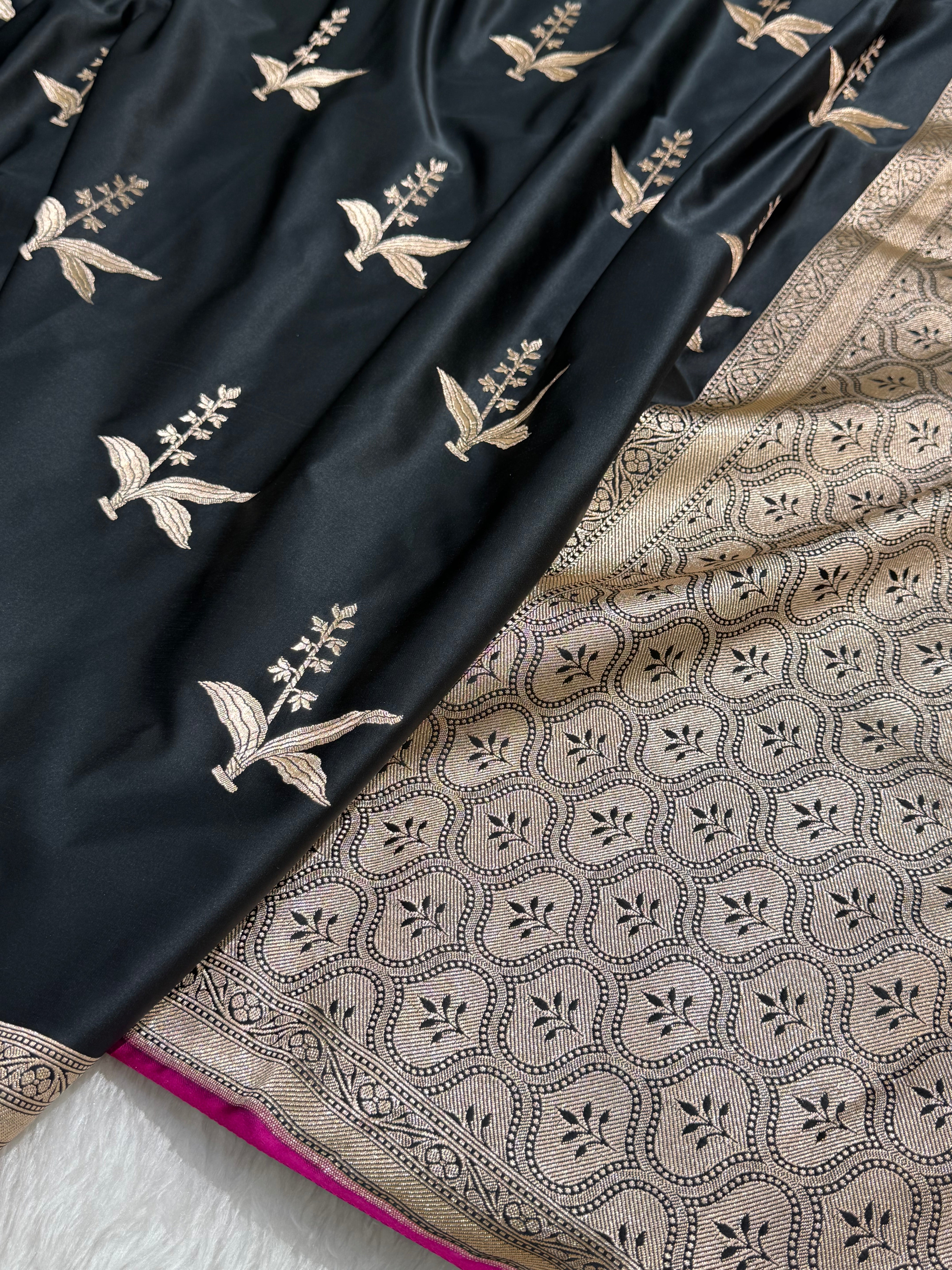 Black floral Motif Mashru Silk Saree