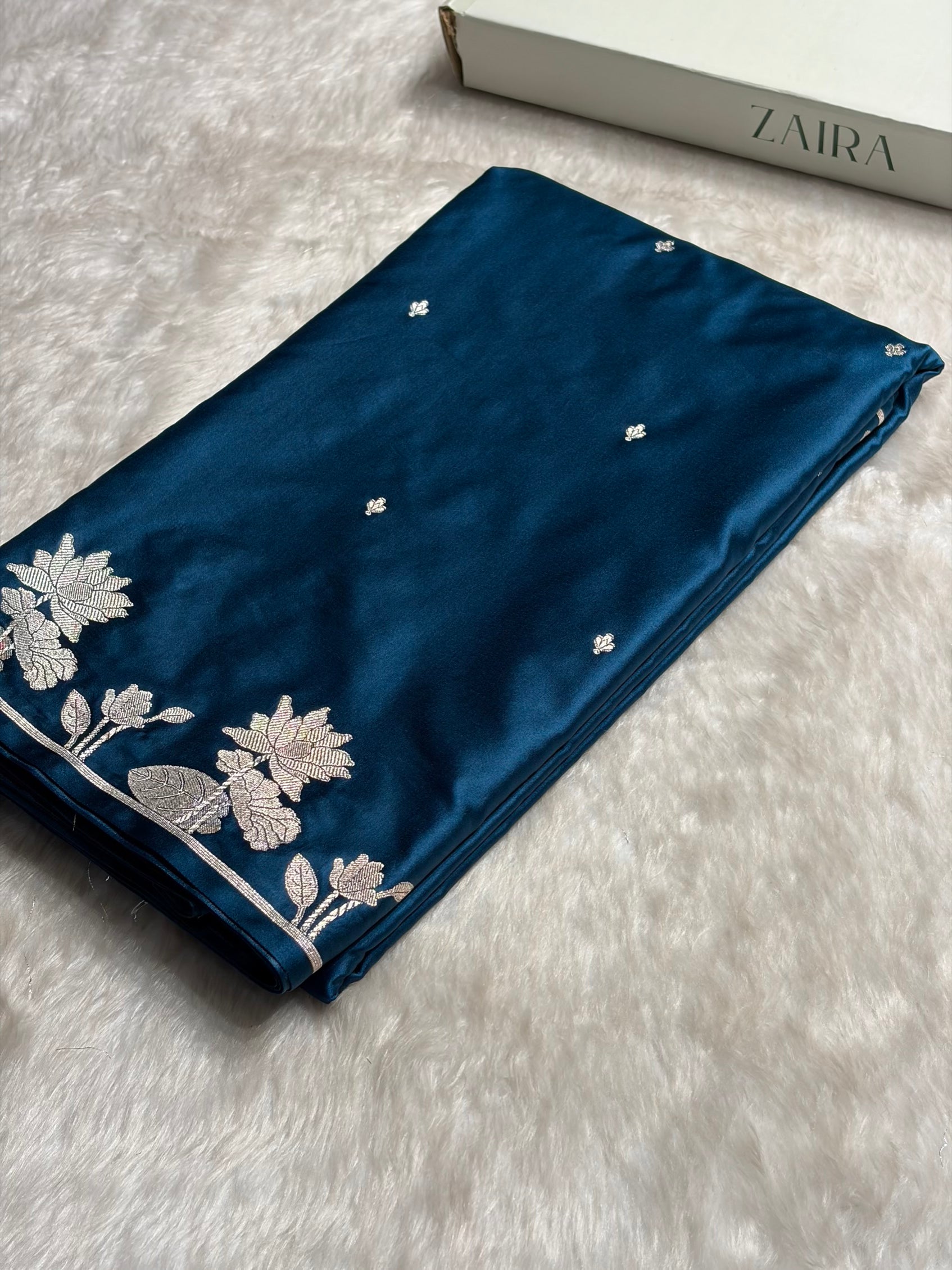 German Blue Floral Border Booti Mashru Silk Saree MS11
