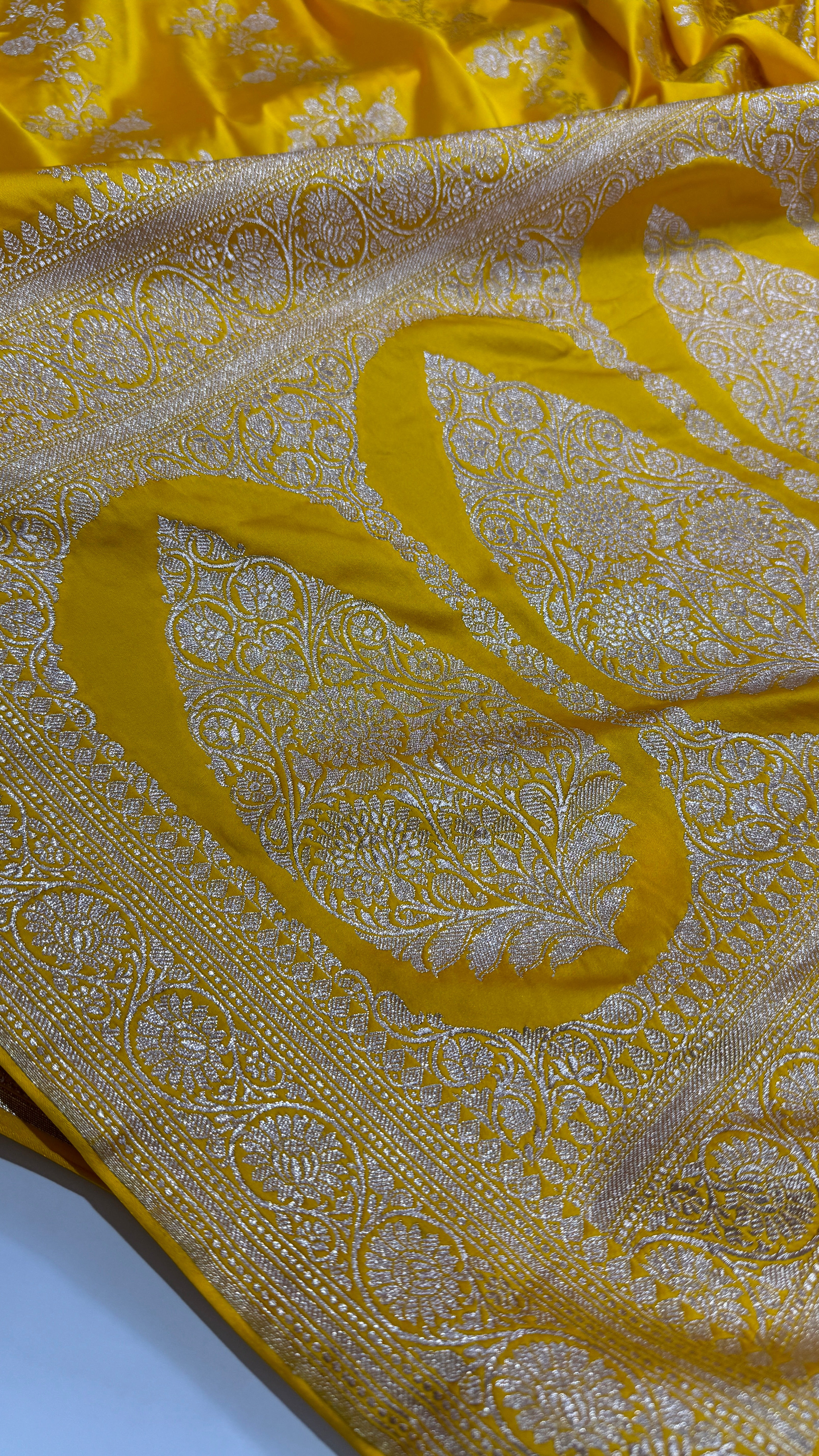 Mango Yellow Cross Mashru Silk Saree