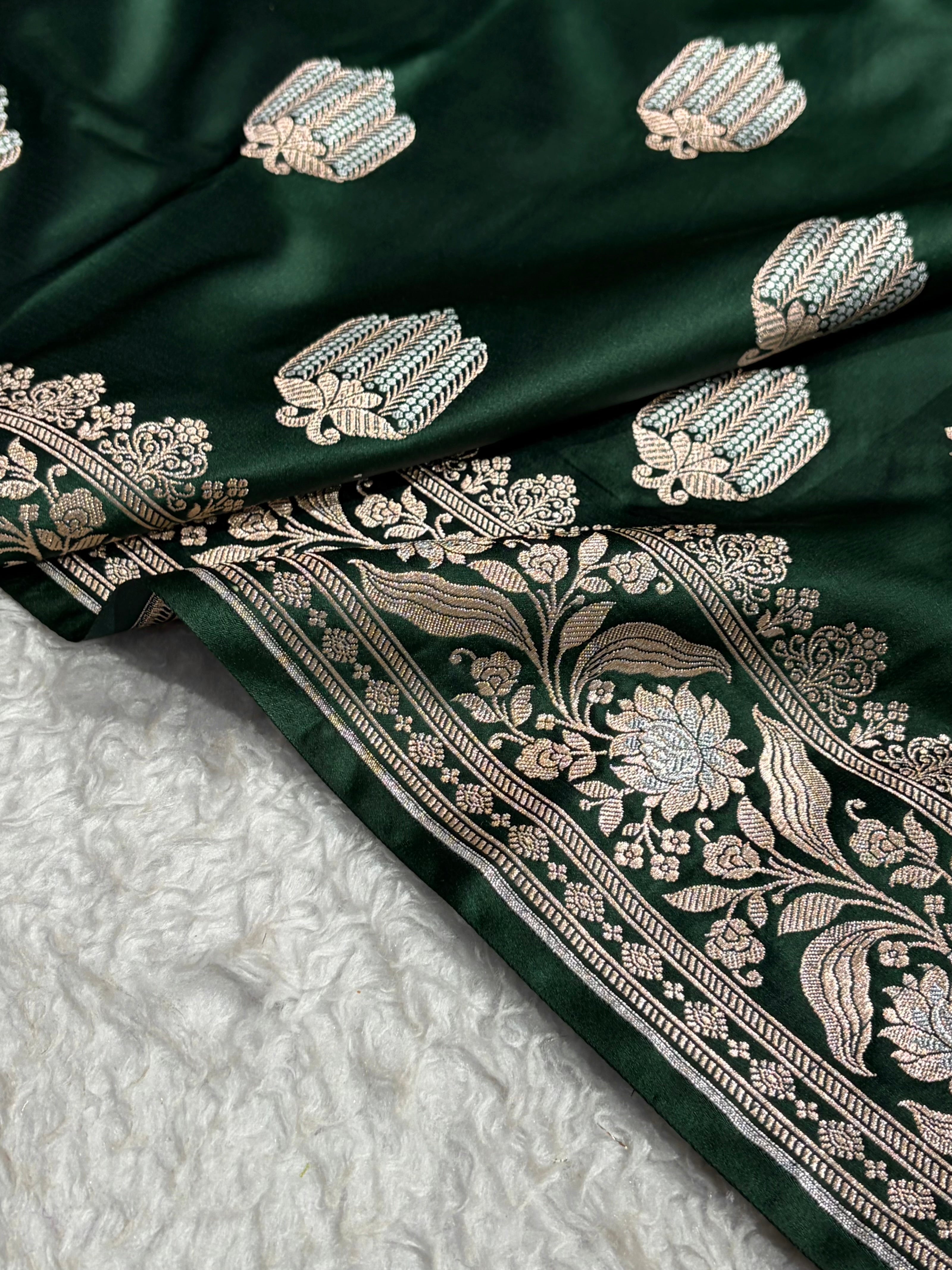Bottle Green Shades Banarasi Boota Pattern Minakari Floral Mashru Silk Saree MSM-122