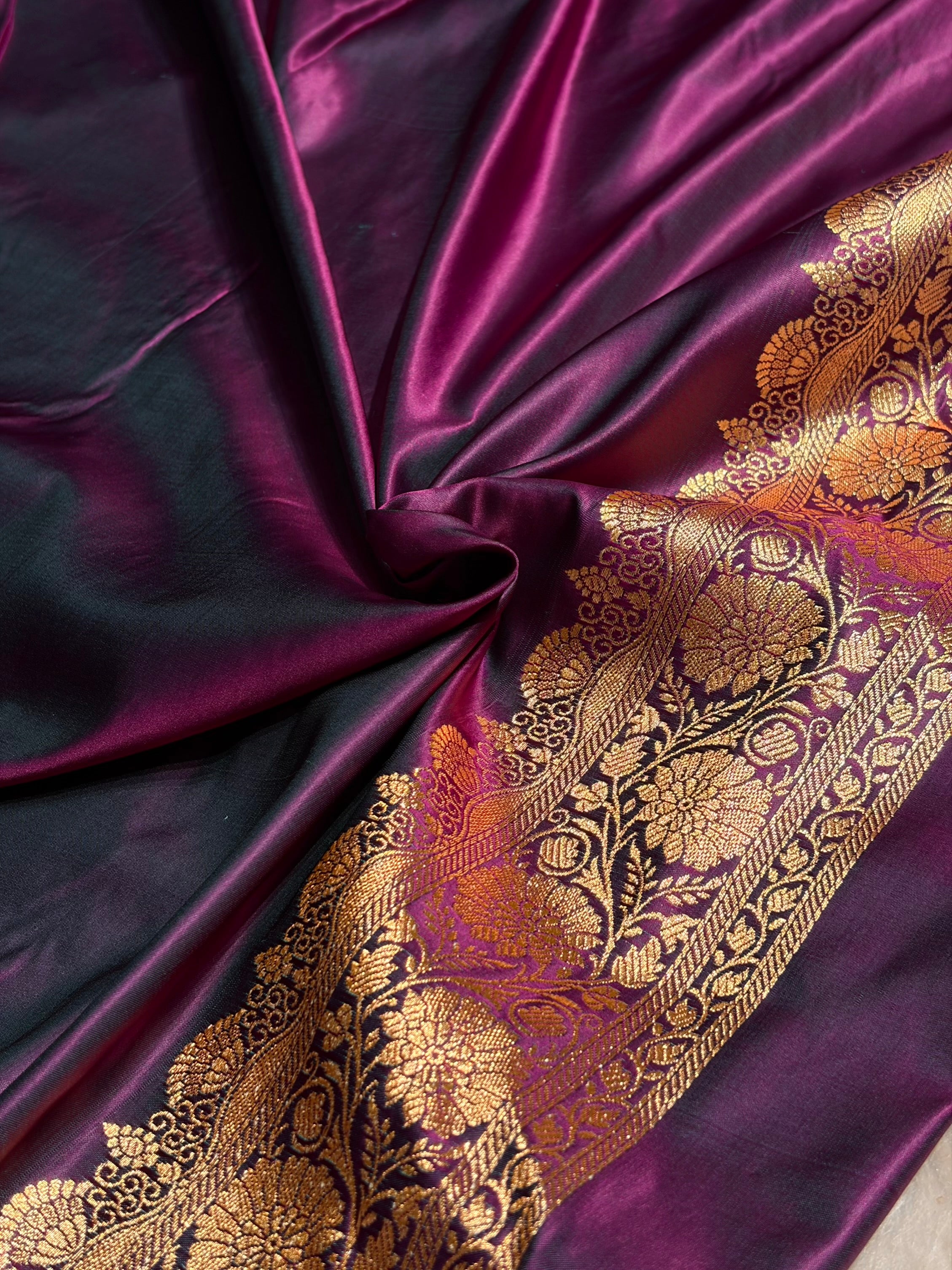 Wine Floral Boota Pattern Satin Katan Silk saree SK45
