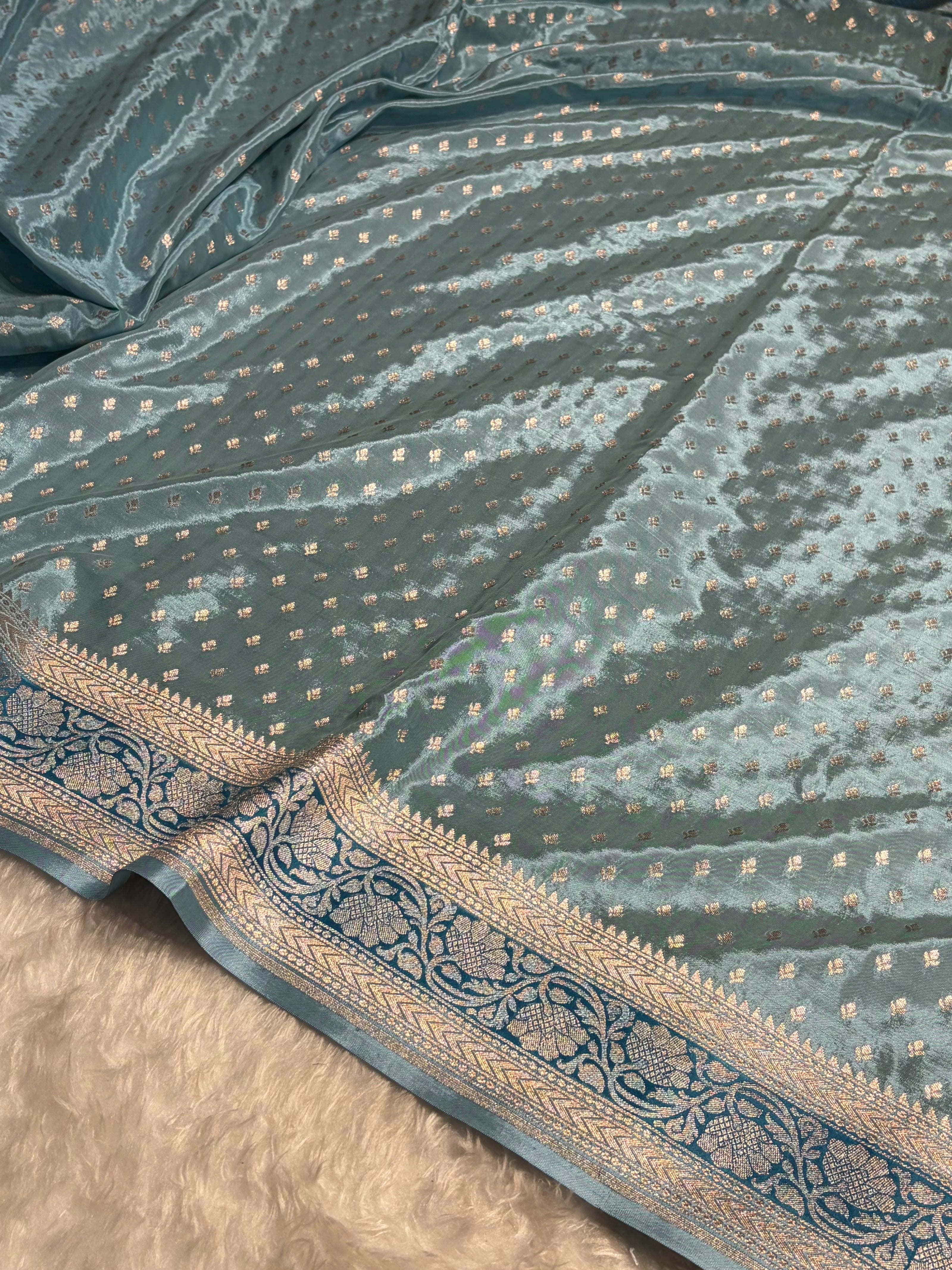 Powder Blue Shades With Contrast Border Crepe Silky Katan Banarasi Saree CSK-04
