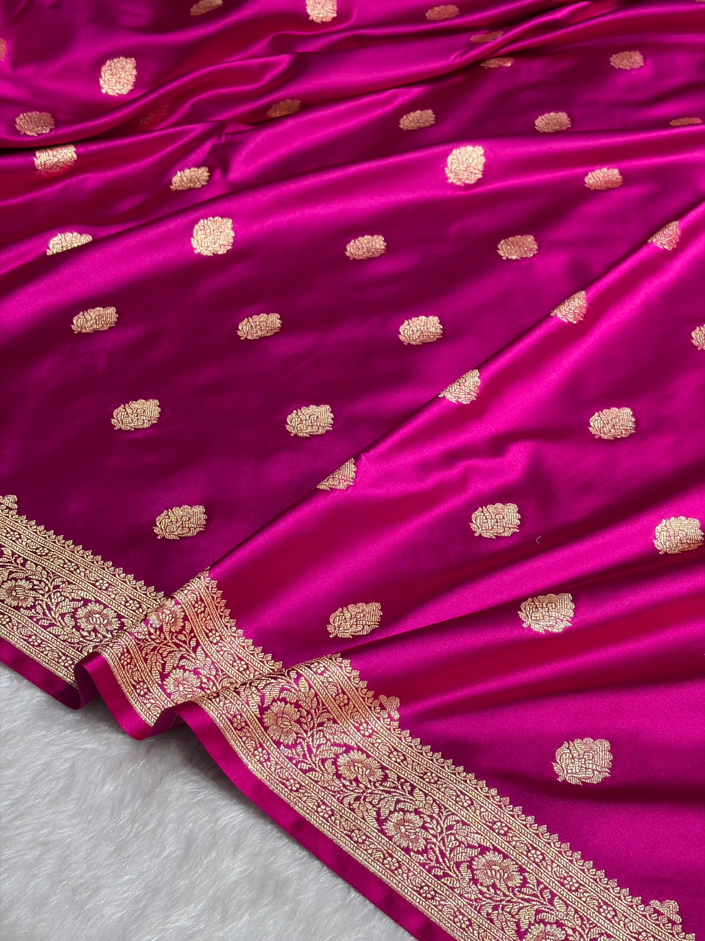 Cross Magenta Booti Pattern Satin Katan Silk Saree SK65