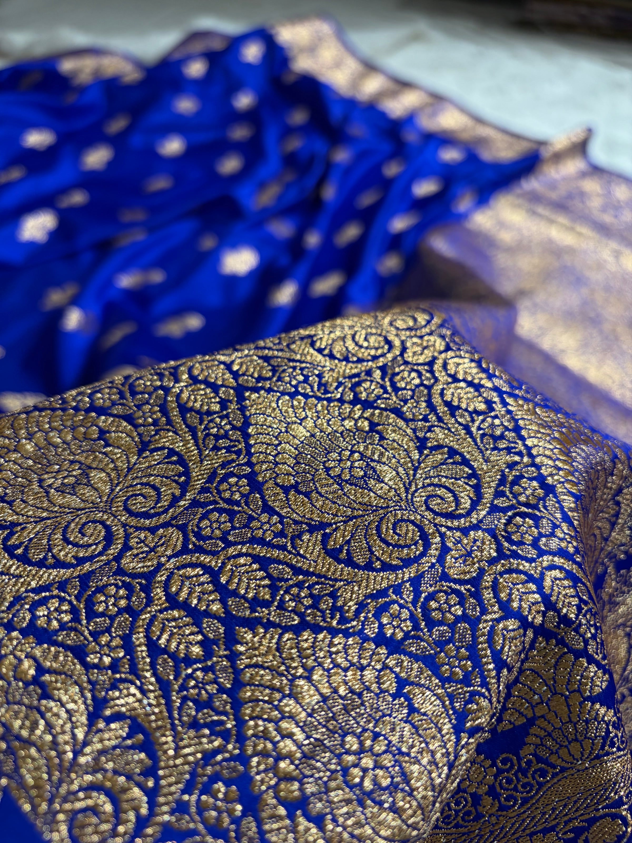 Royal Blue Shades Floral Booti Motif Satin Katan Silk saree SK61