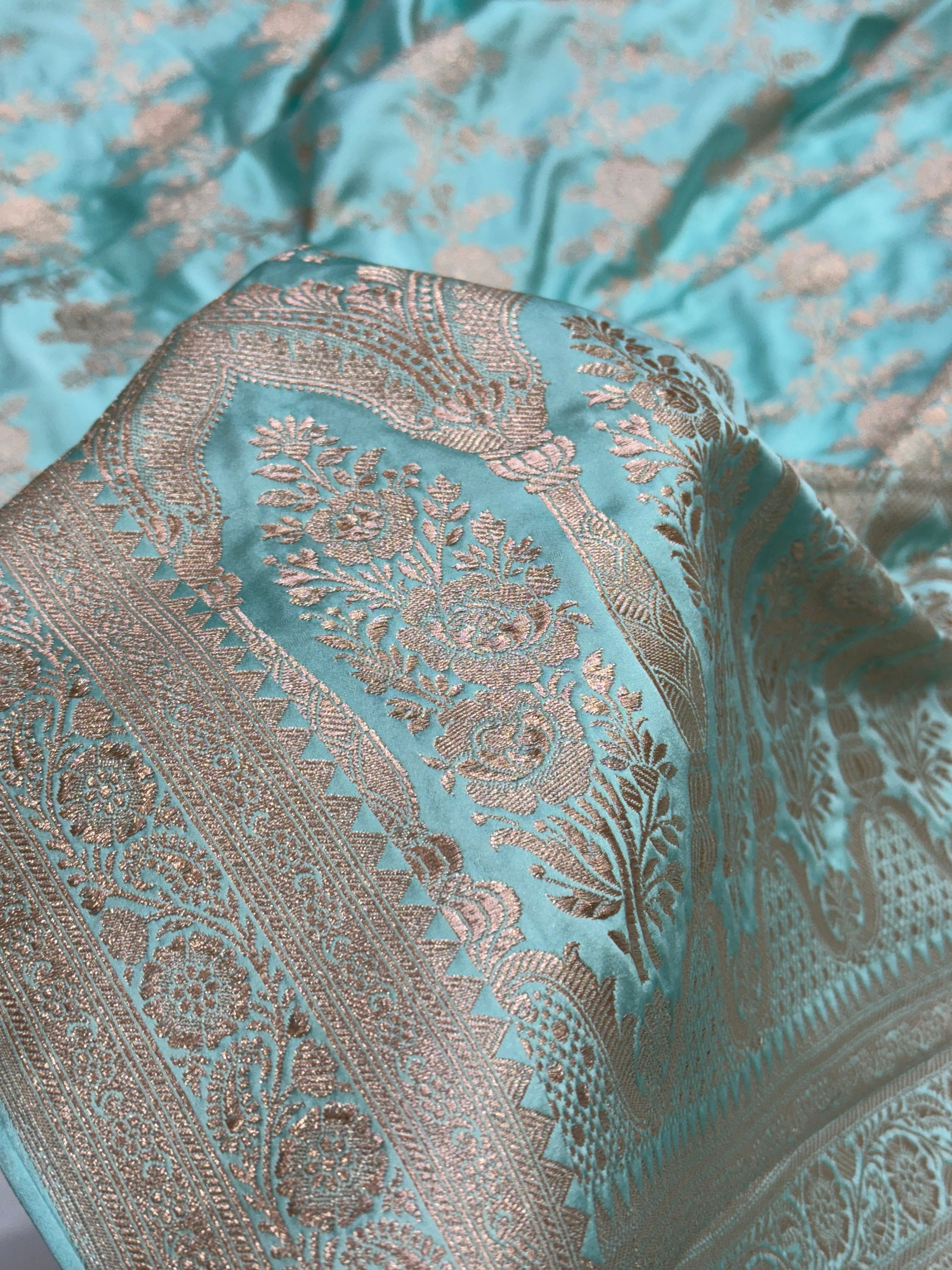 Powder Blue Floral Jaal Mashru Silk Saree