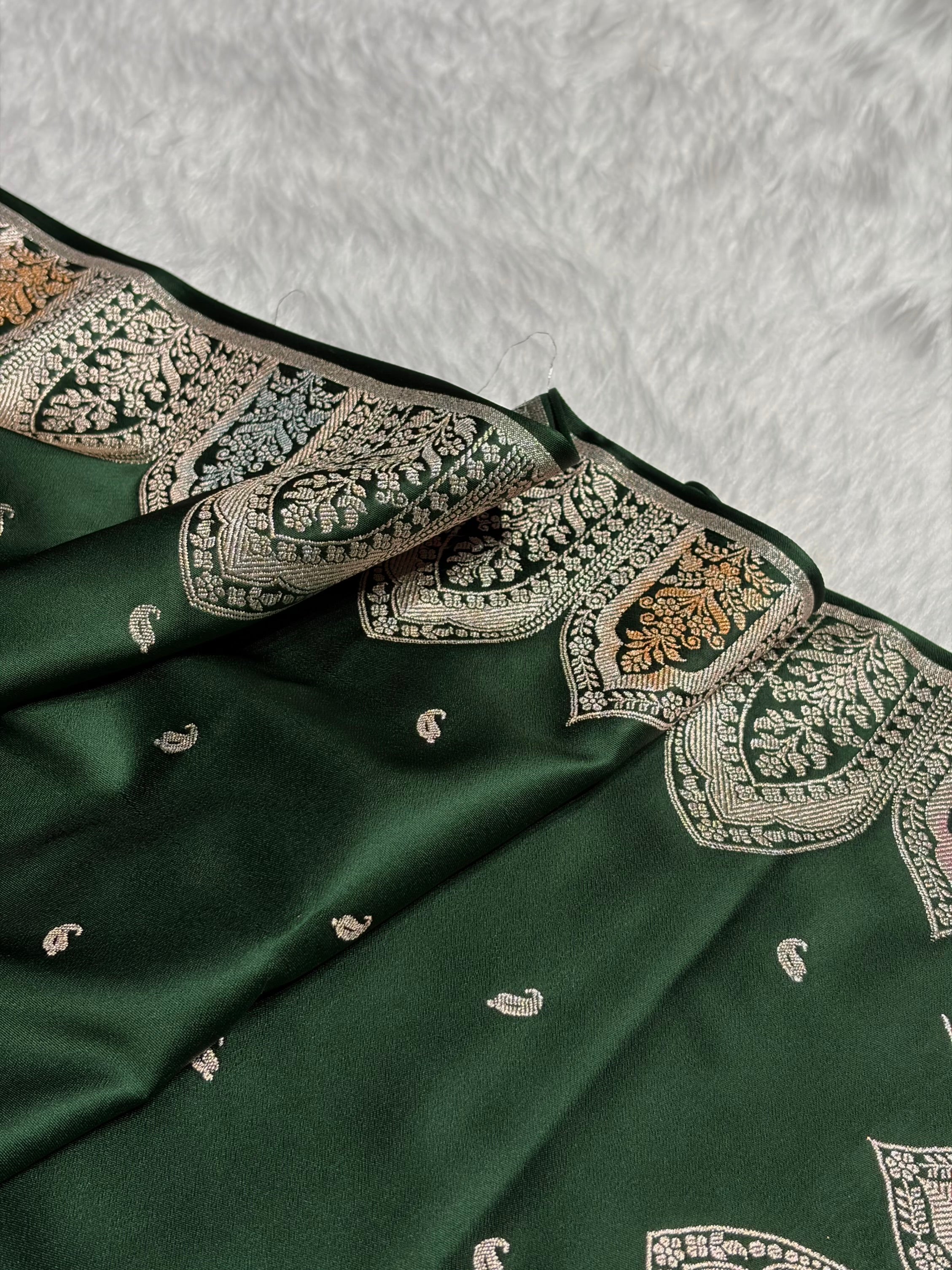 Skirt Border Bottle Green Minakari Mashru Silk Saree MS13