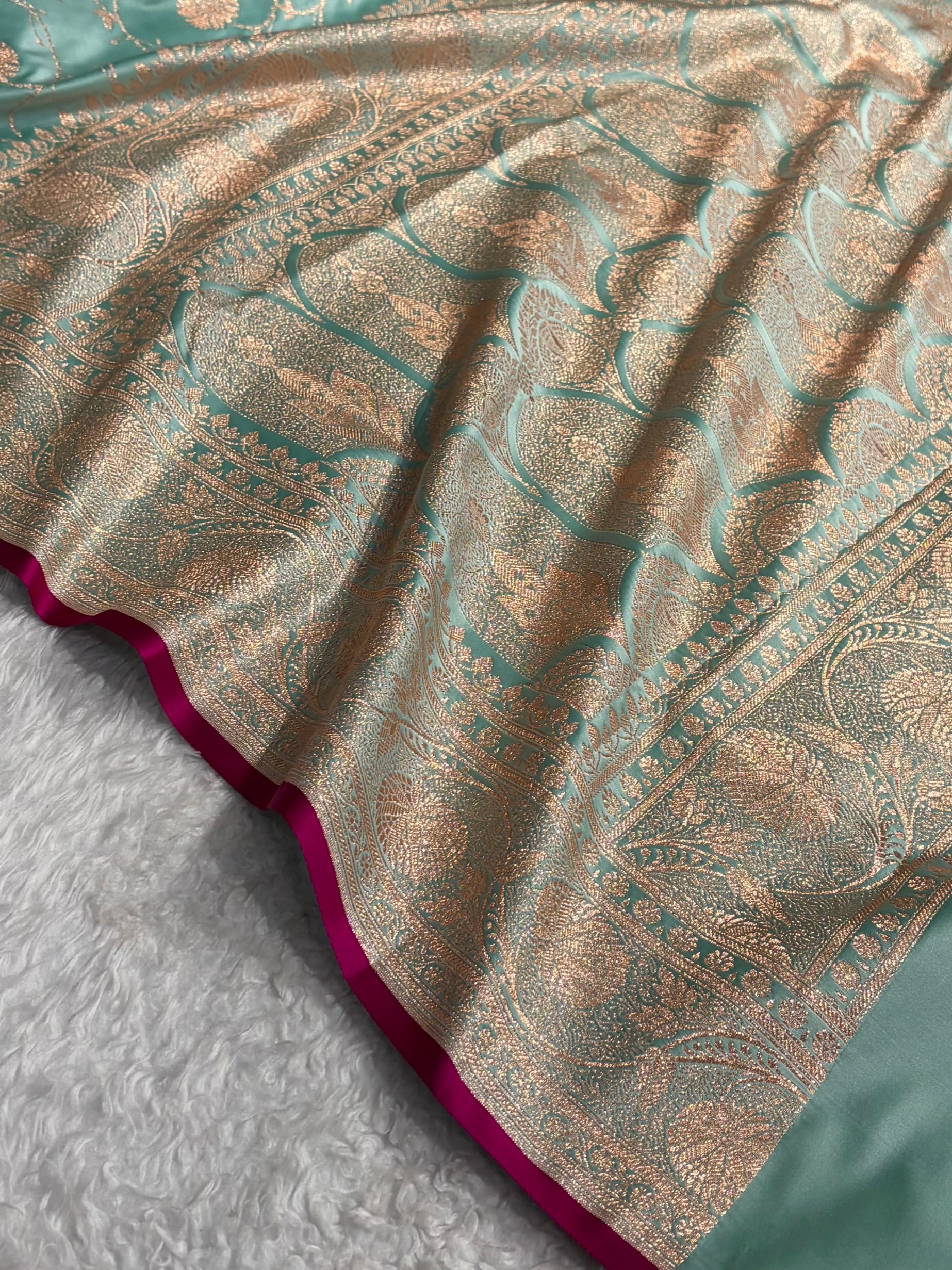 Sea Green Banarasi Jaal Satin Katan Silk Saree SK06