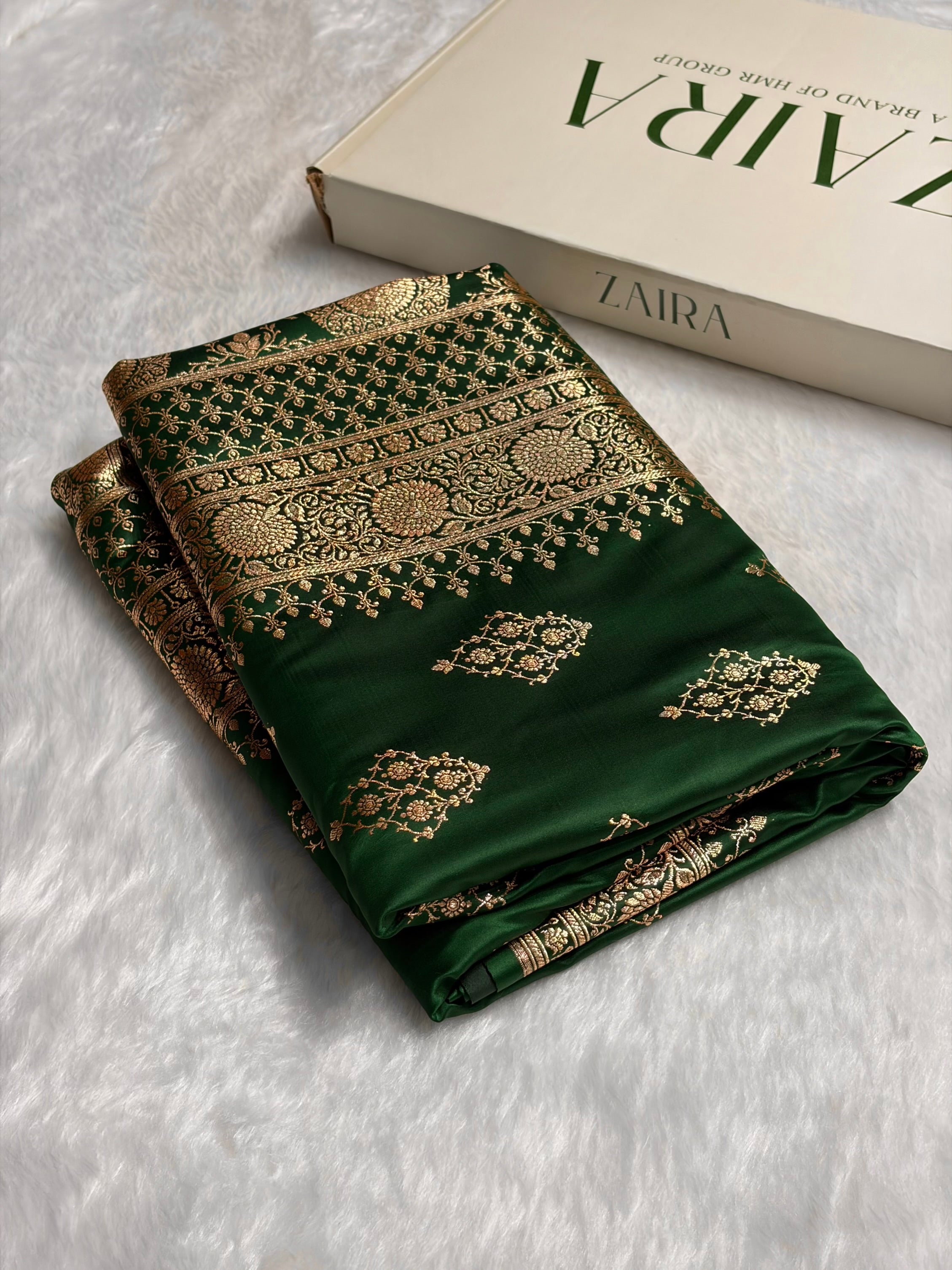 Bottle Green Floral Boota Satin Katan Silk saree SK35
