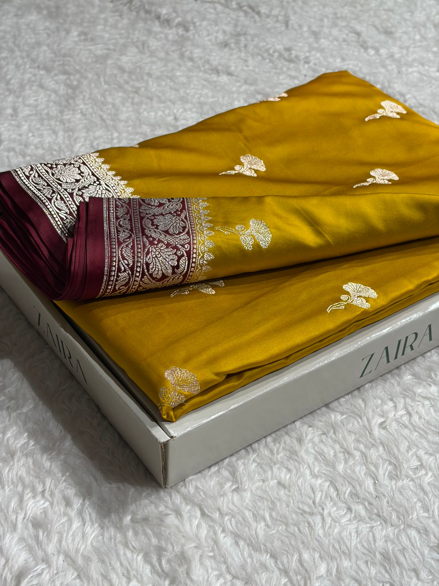 Contrast Mustard With Garnet Shades Minakari Boota Mashru Silk Saree MS51