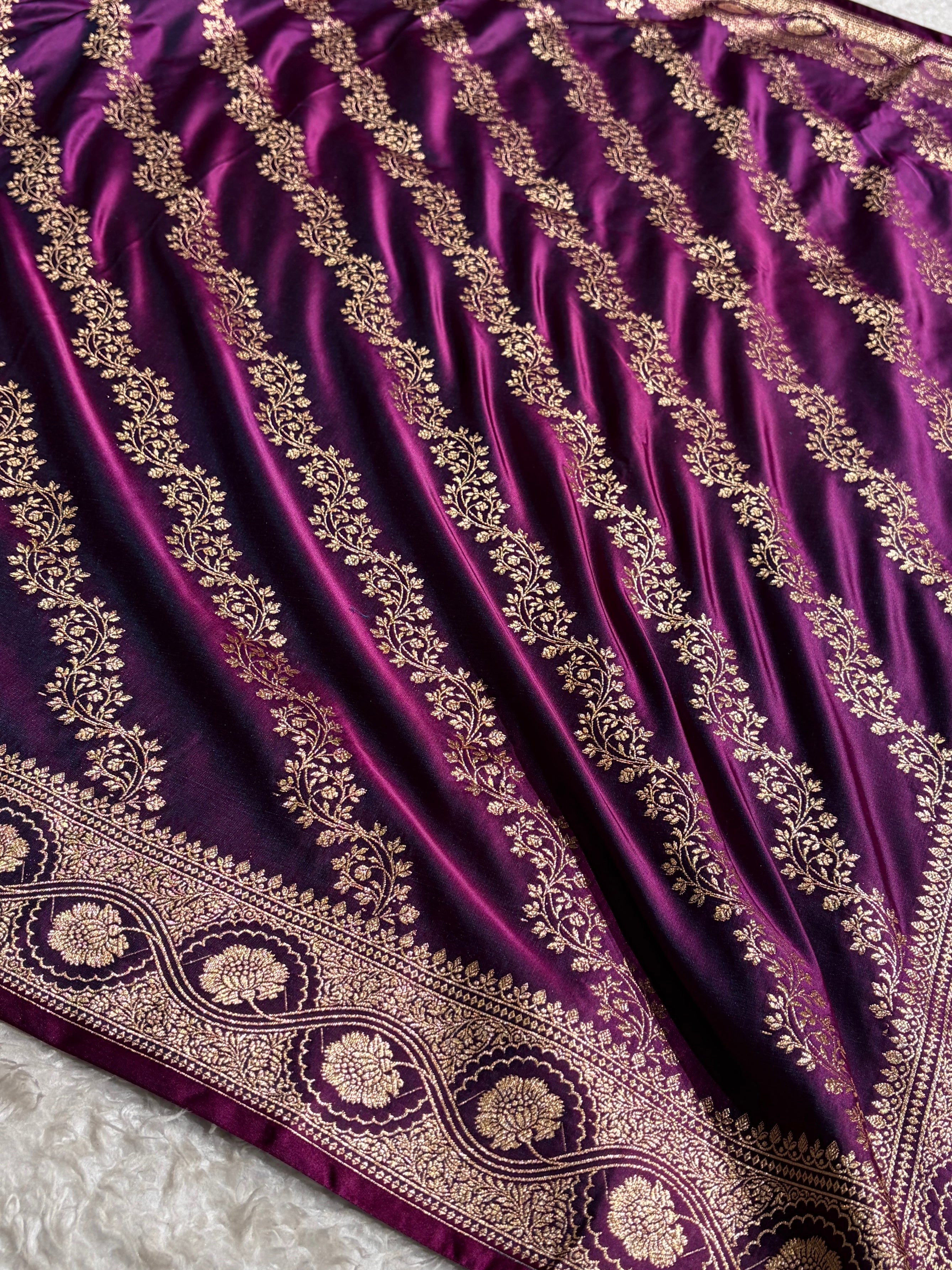 Wine Floral Cross Pattern Satin Katan Silk Saree SK74