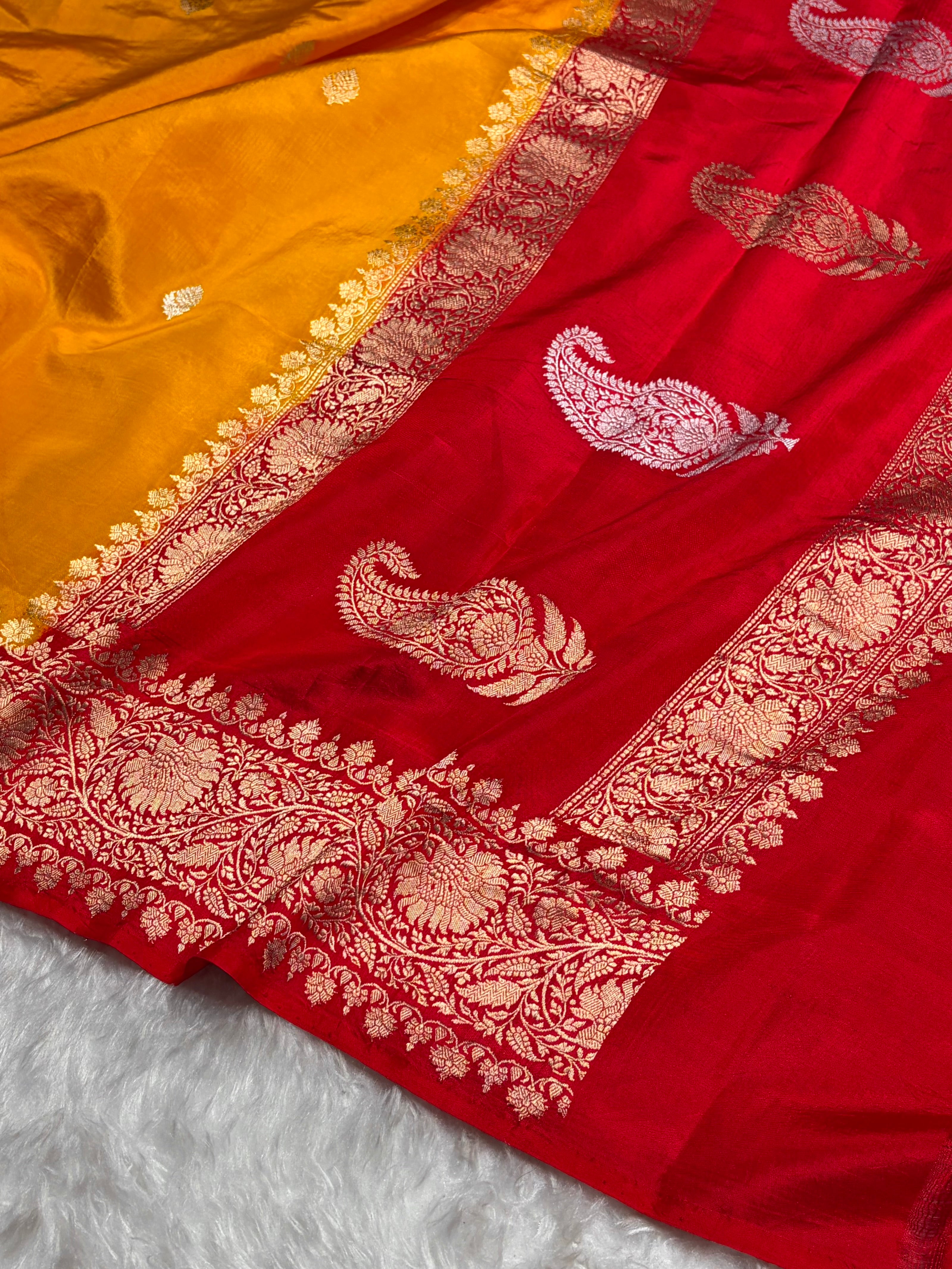 Contrast Mustard Gold With Red Boota Handwoven Pure Katan Raw Mango Silk RM-33