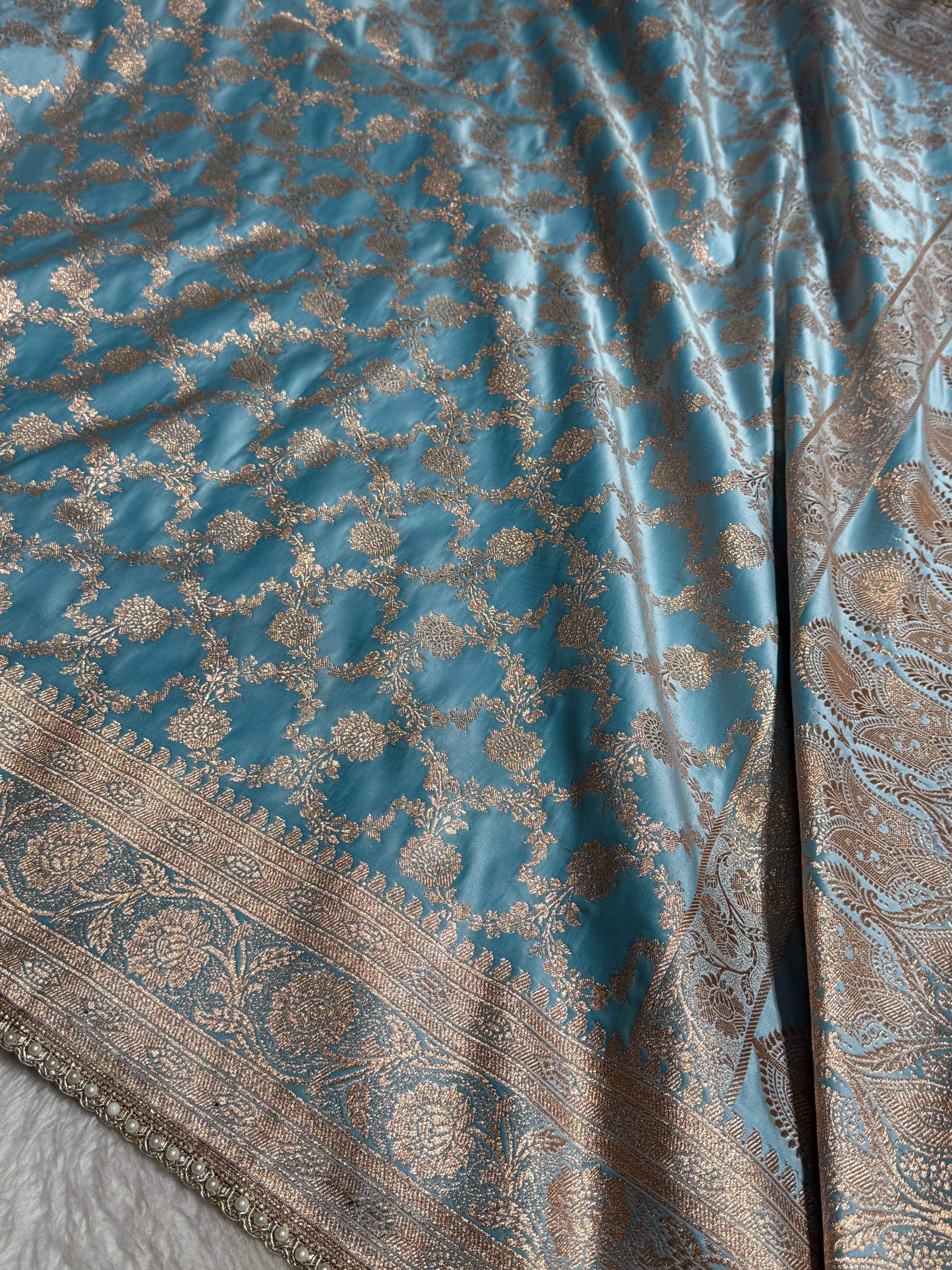 Banarasi Satin Katan Silk Saree In Sky Blue Shades with gotta Patti
