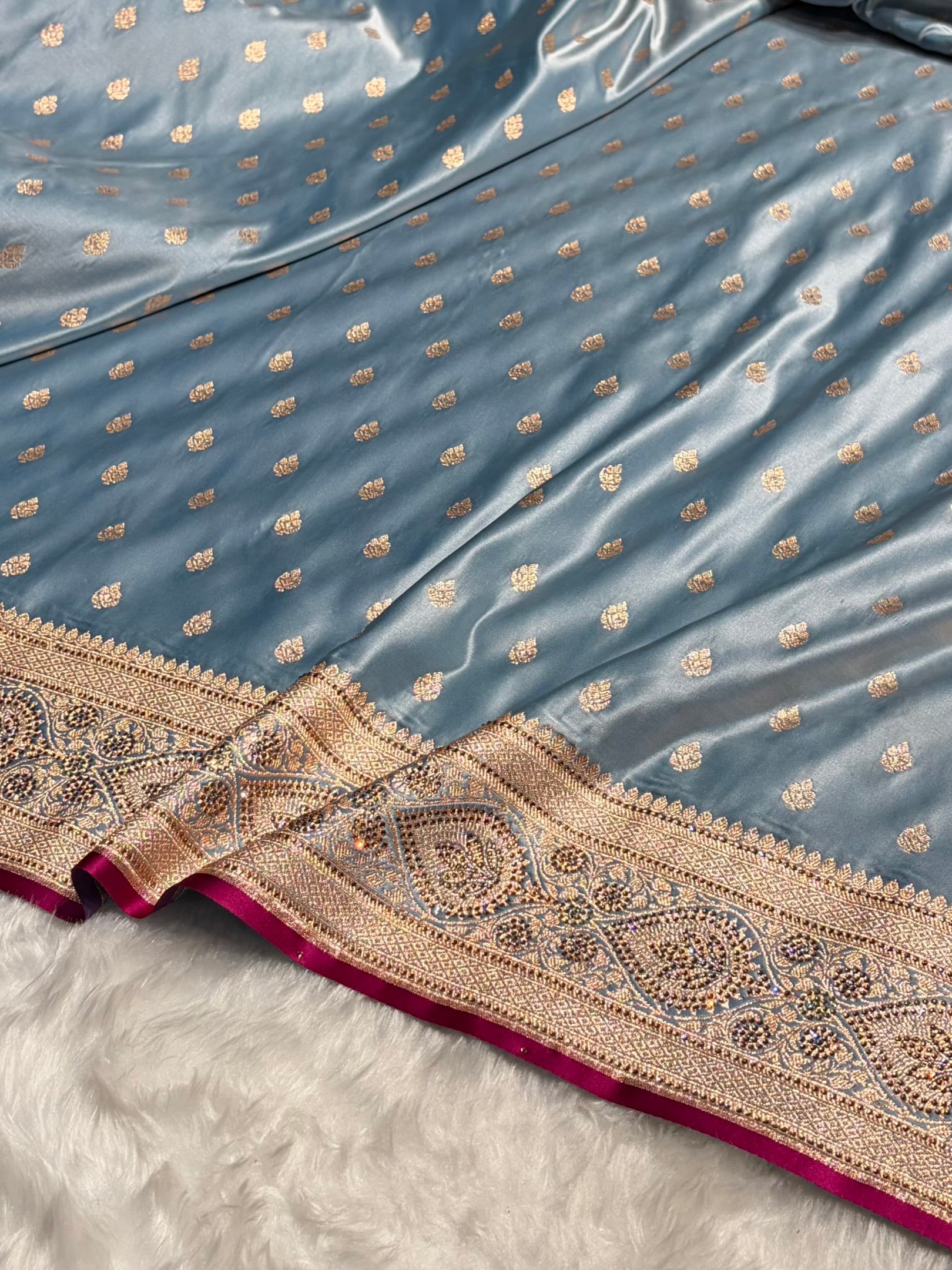 Sky Blue Swarovski Work Booti Satin Katan Silk Saree BSK10