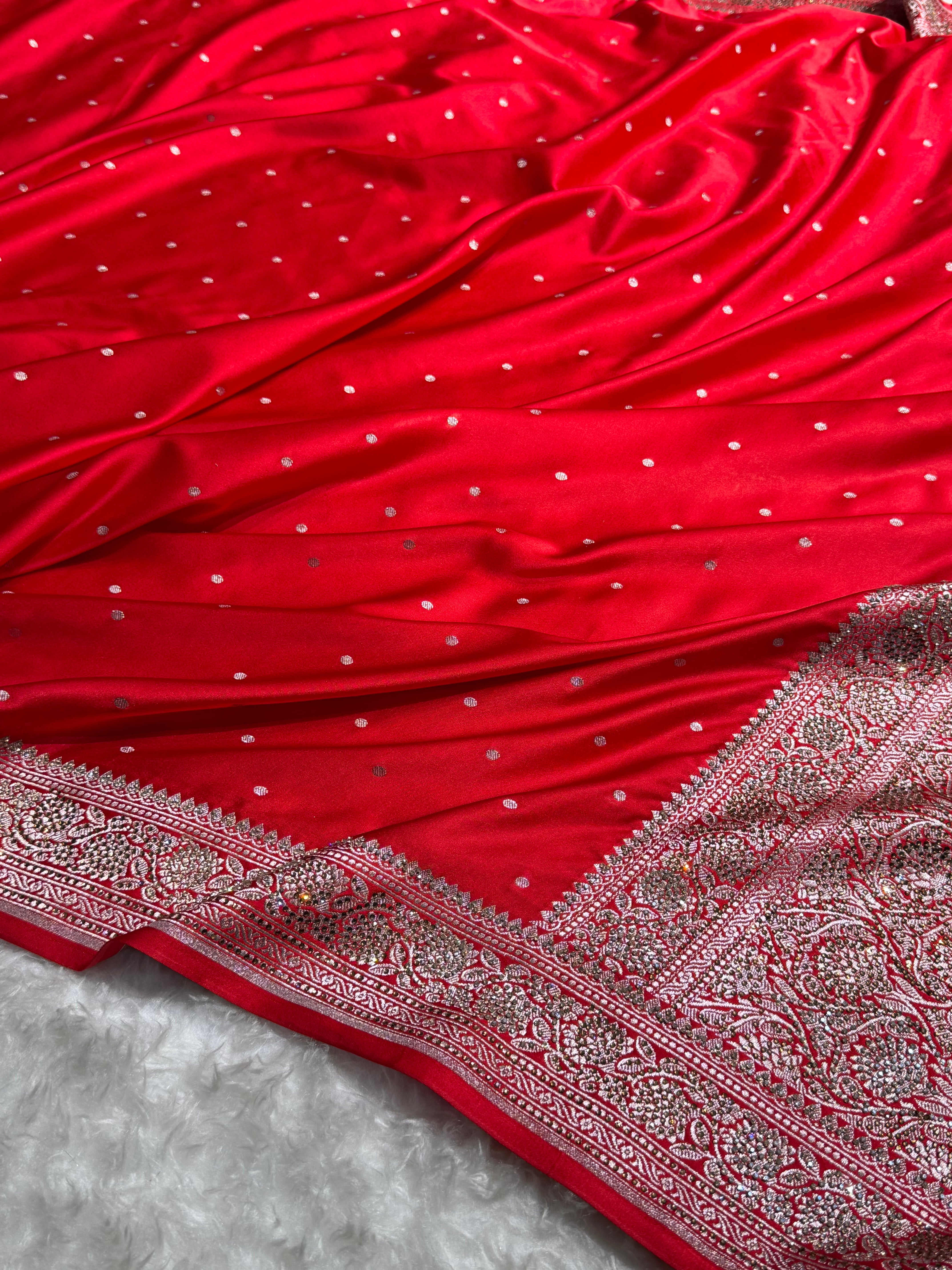 Banarasi Red Shades Booti With Swarovski Stone Work Mashru Silk Saree BMS65