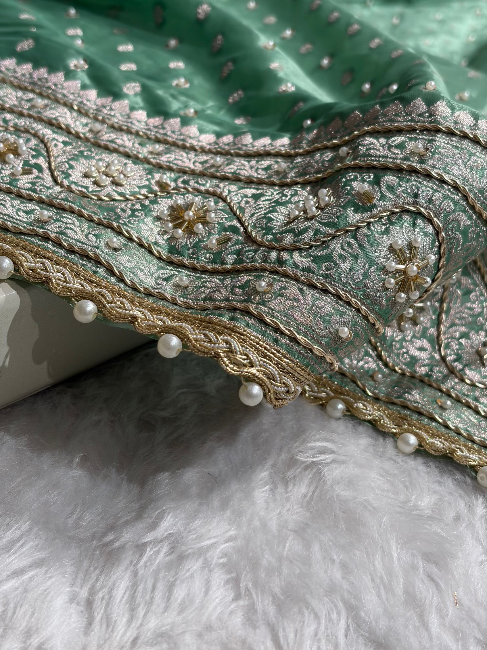 Sea Green Crepe Silk Katan With Zardozi and Gotta Patti Work Banarasi Saree BCSK-02