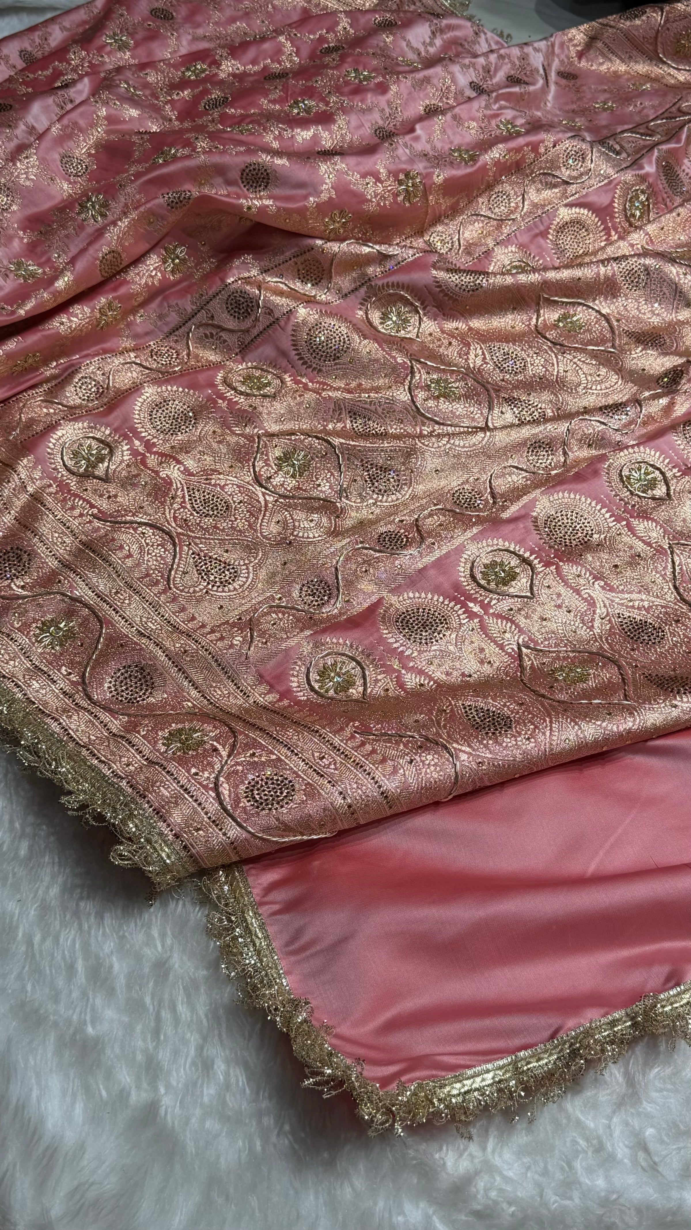 Baby Pink Swavroski & Zardozi Work With Gotta Patti Jaal Pattern Satin Katan Silk Saree BSKGP25