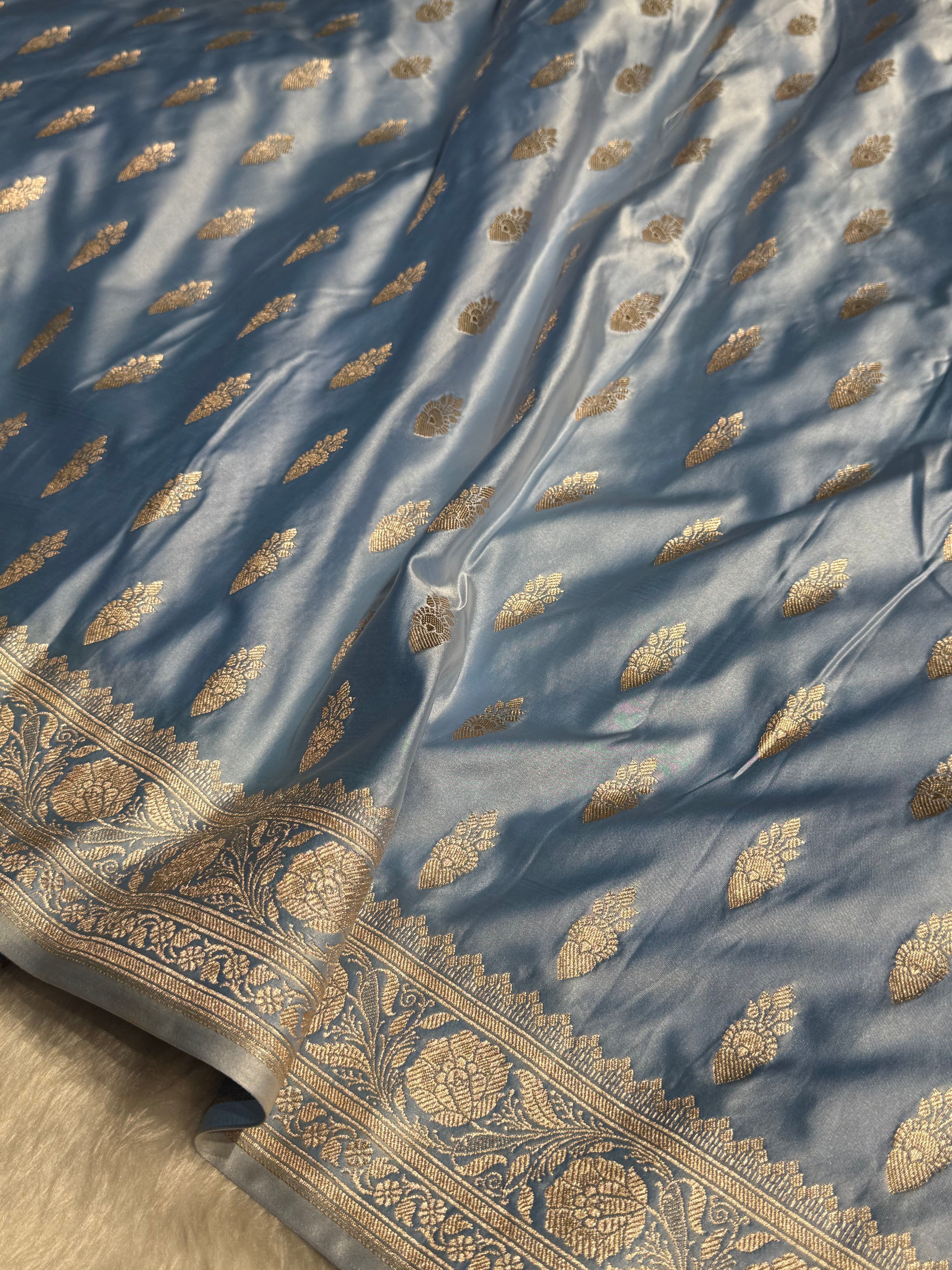 Powder Blue Shades Plain Mashru Silk Saree