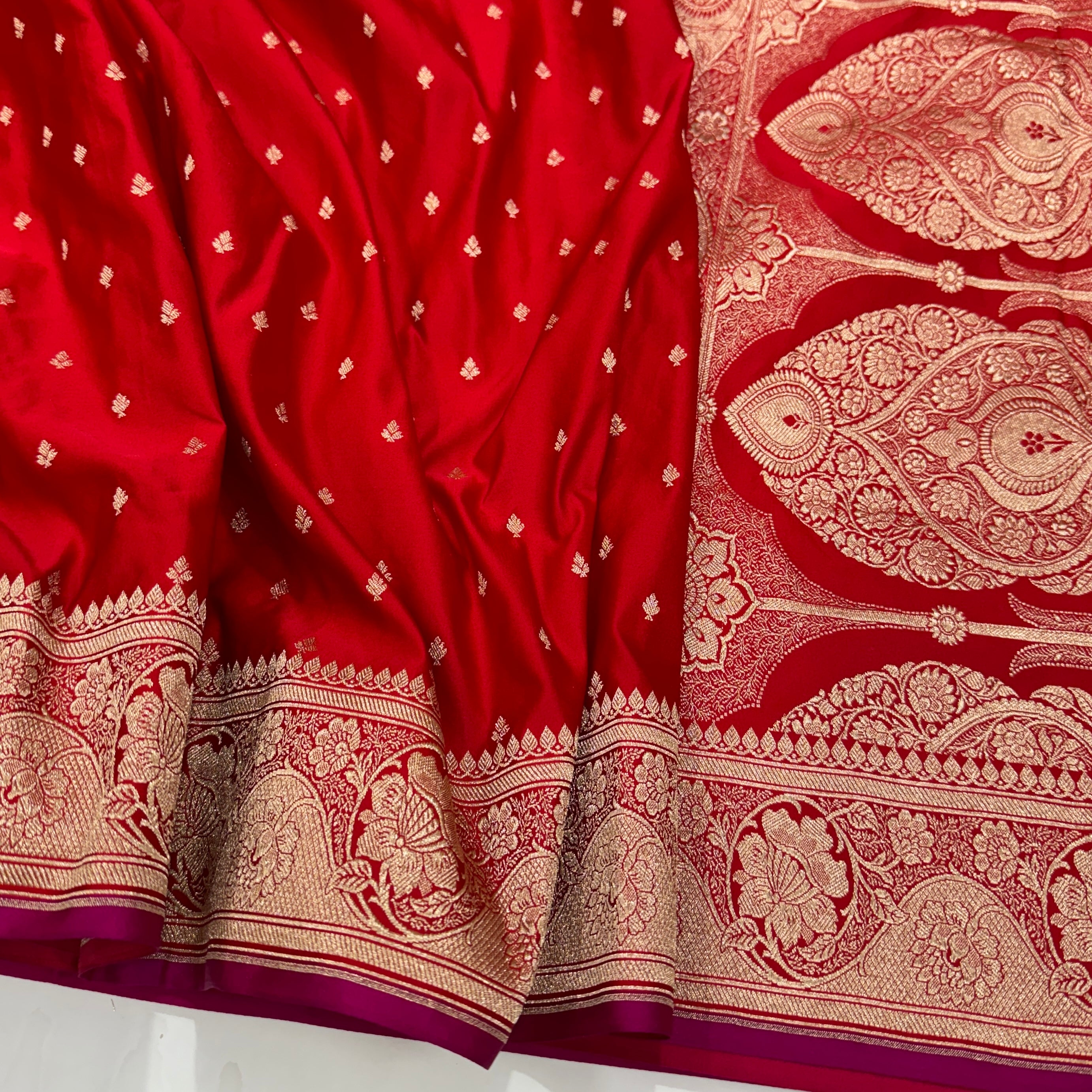 Ruby Red Booti Mashru Silk Saree