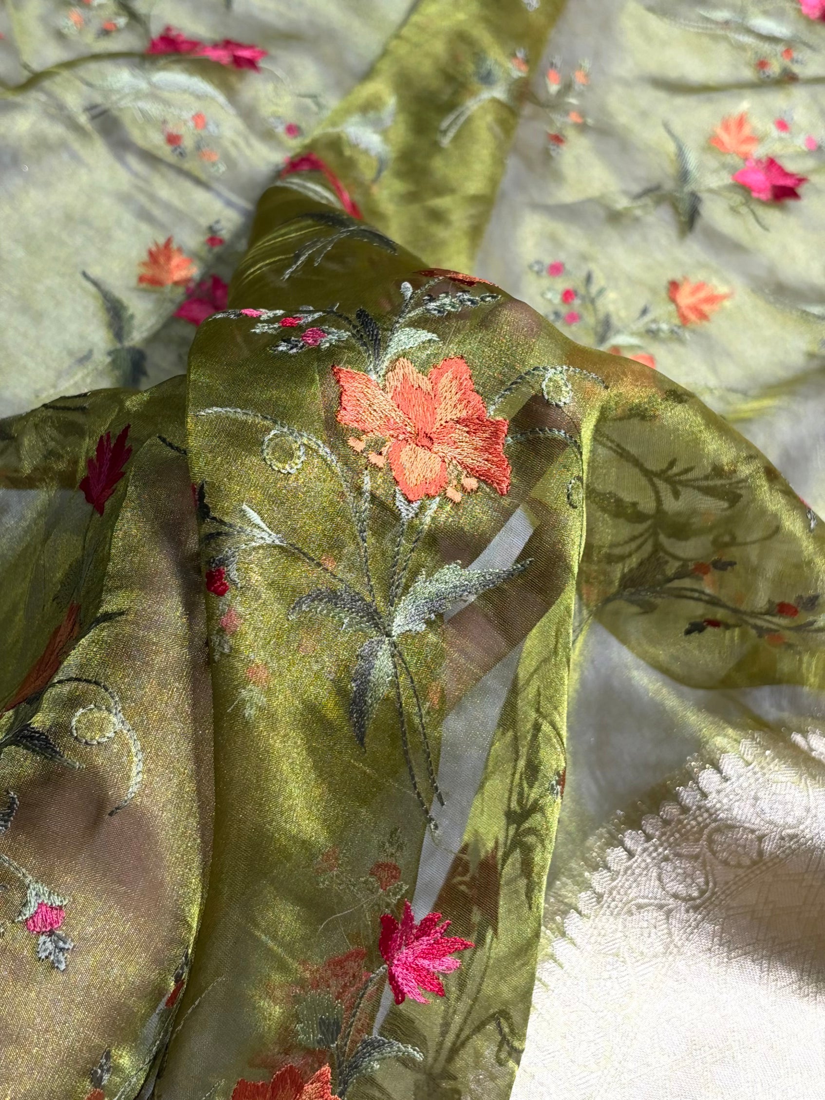 Light Green Shades With Floral Embroidered Pure Tissue Silk Saree with Brocade Blouse PTE-09