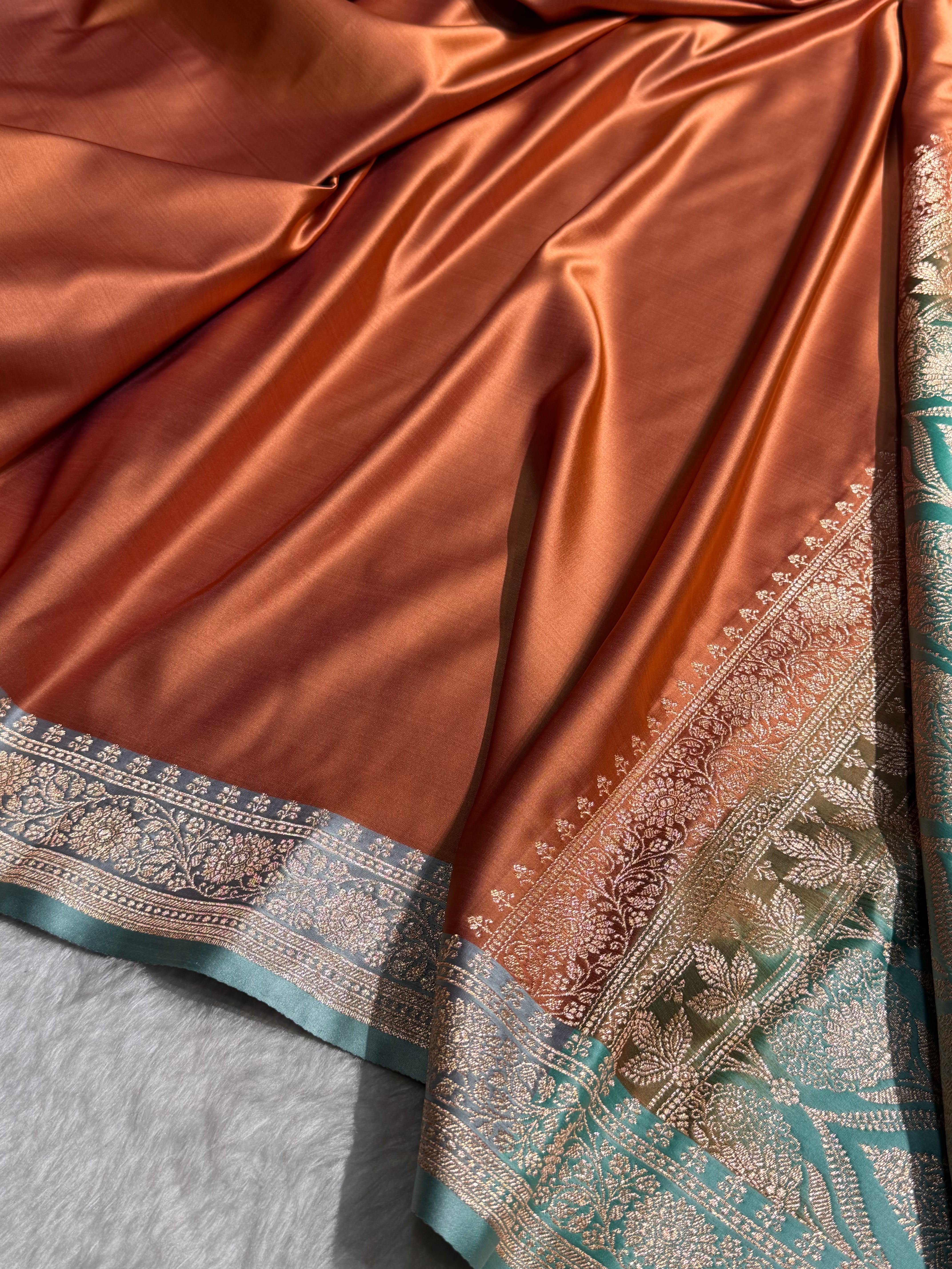 Banarasi Satin Katan Saree in Contrast Copper and Seagreen Shades SK131