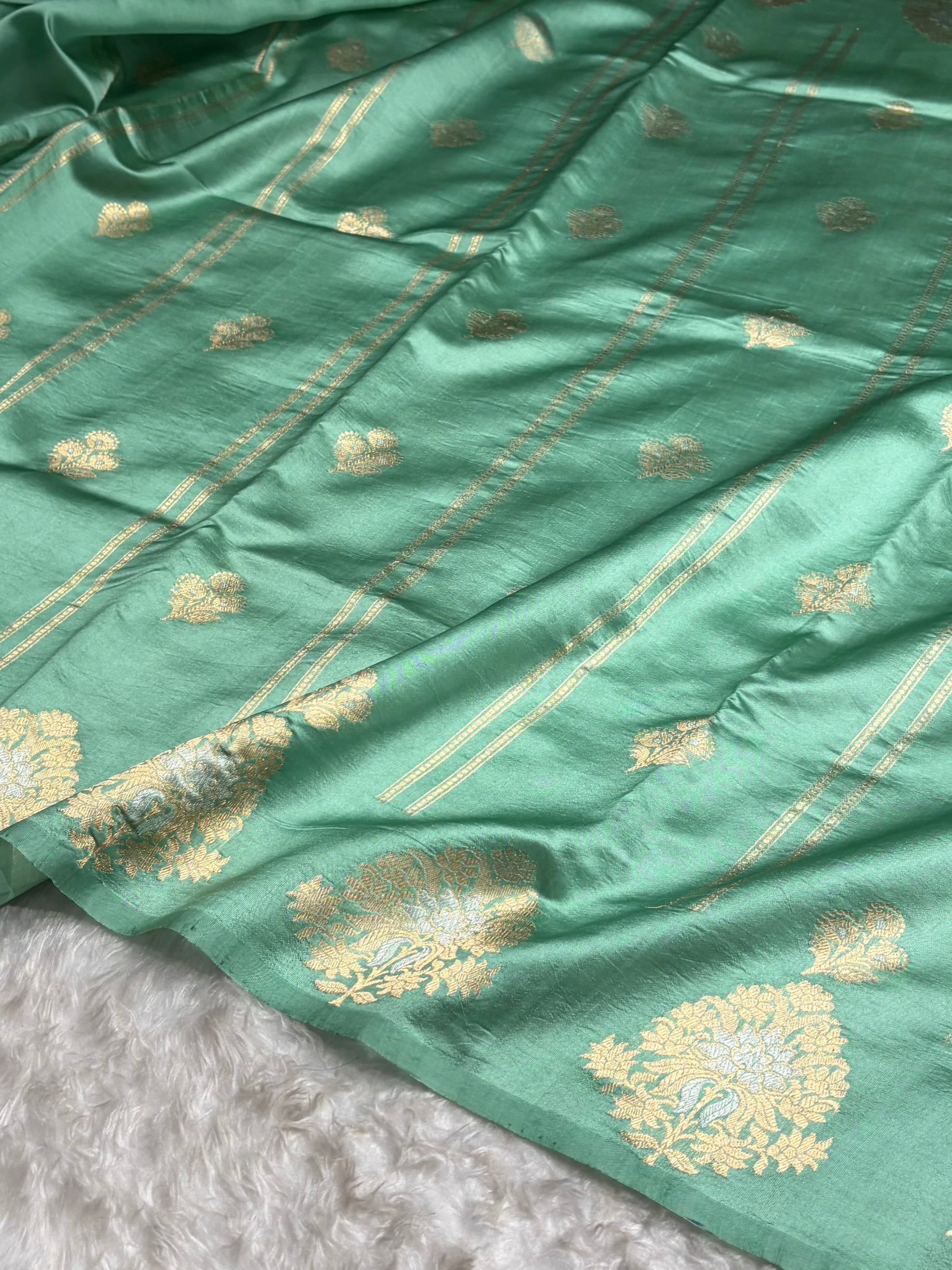 Sea Green Shades Banarasi Handwoven Pure Paper Katan Silk RM-66