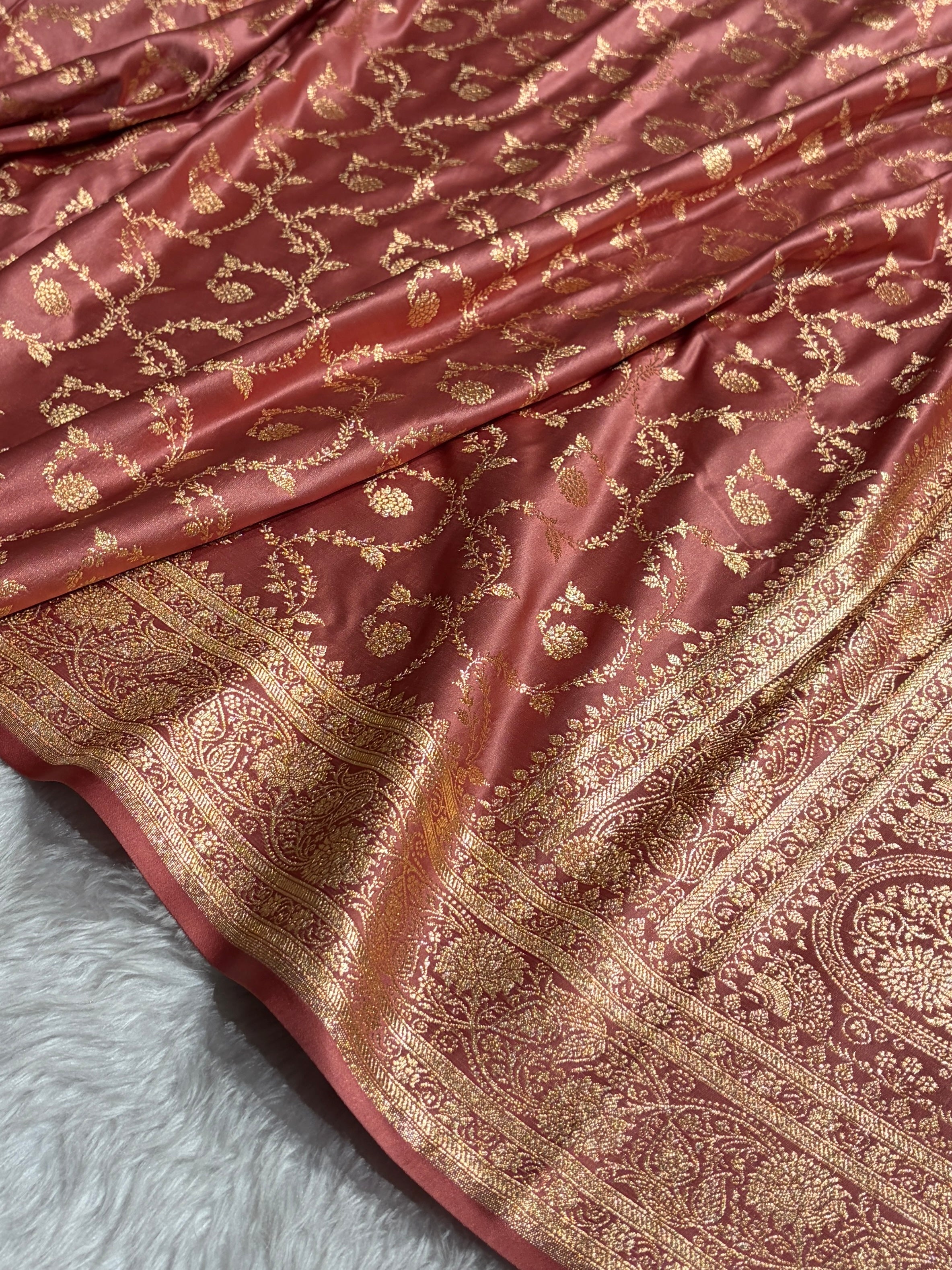Dusty Peach Shades Floral Jaal Pattern Satin Katan Silk saree SK55
