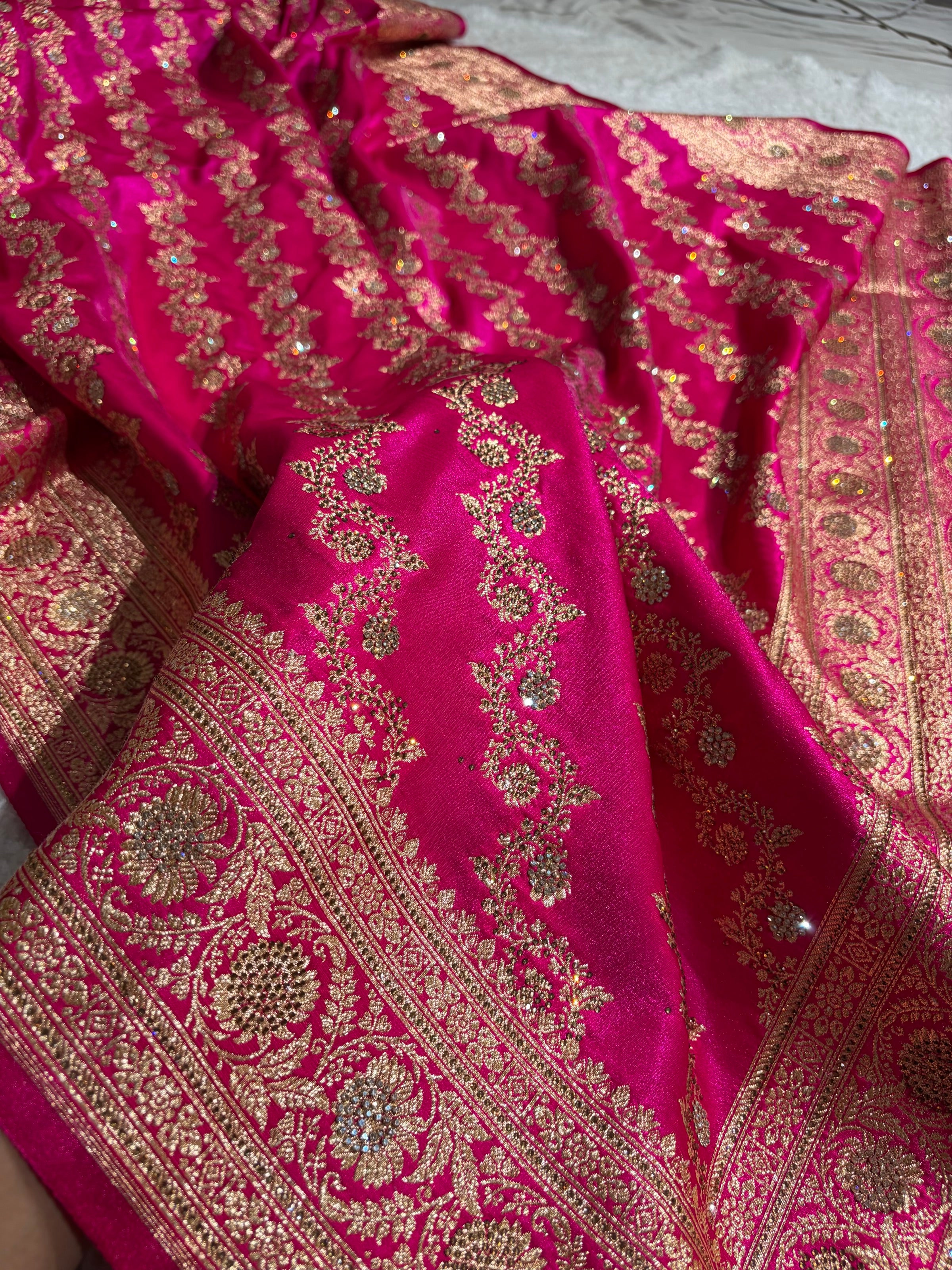 Banarasi Bridal Pink Shades With Swarovski Stone and White Stone Work Satin Silk Saree BSS32