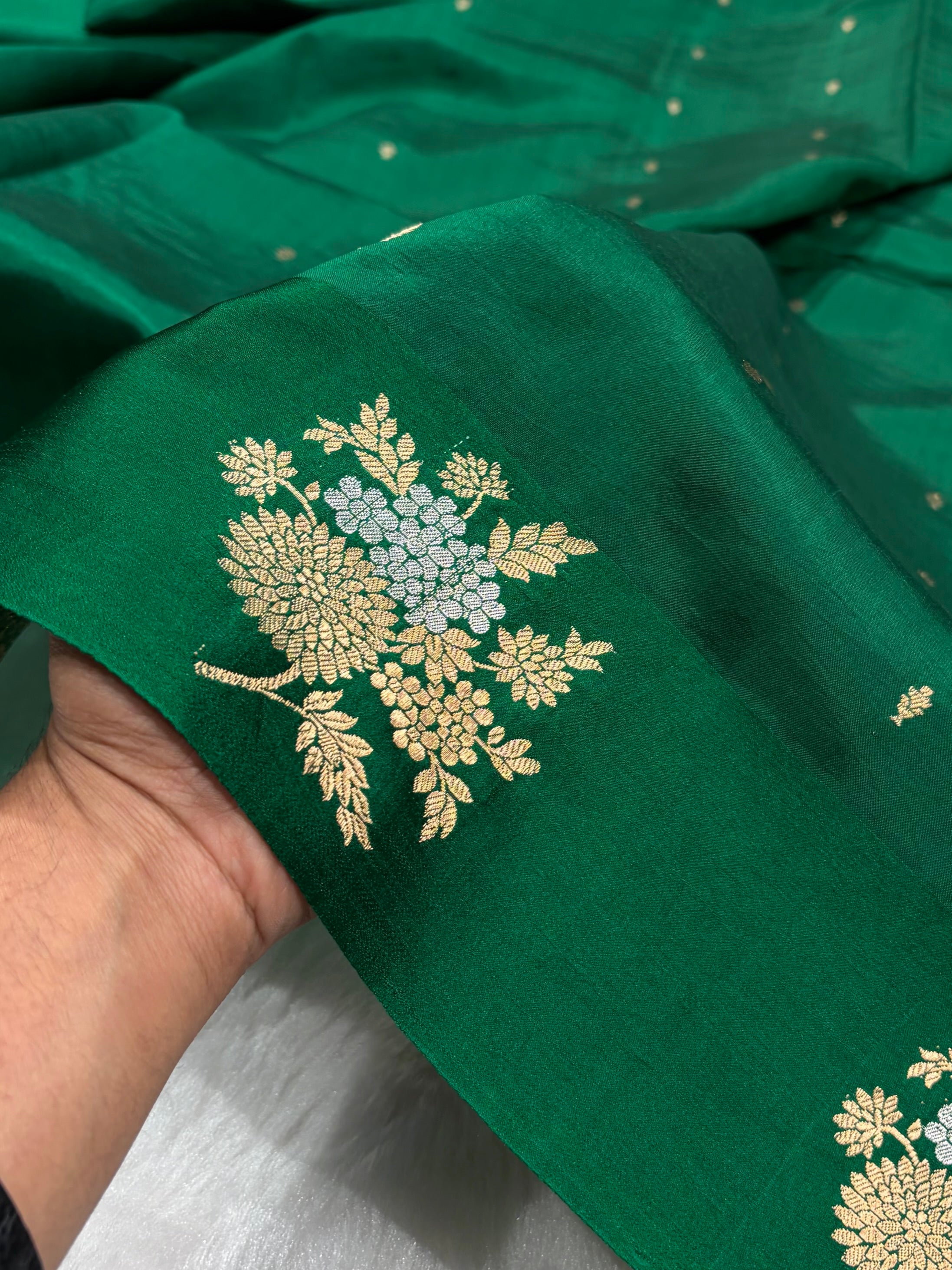 Banarasi Bottle Green Shades Meena Boota Handwoven Pure Paper Silk RM-72