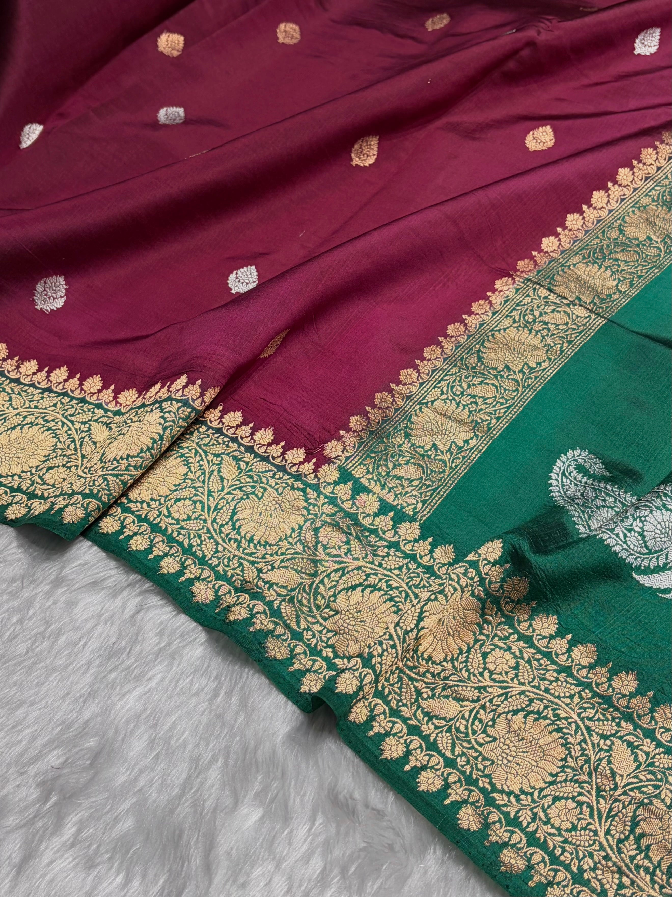 Contrast Wine With Bottle Green Boota Handwoven Pure Katan Raw Mango Silk RM-33