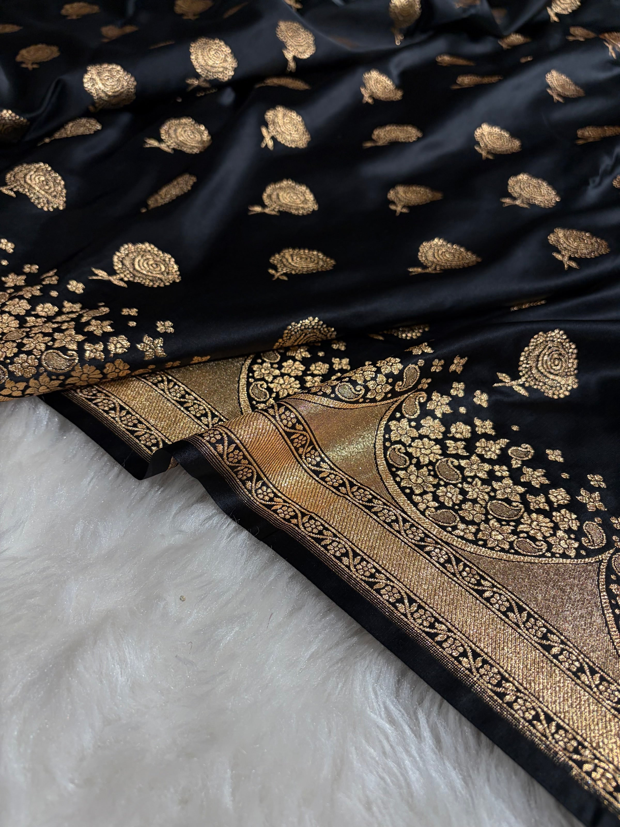Banarasi Satin Katan Saree With Boota in Black Shades SK111