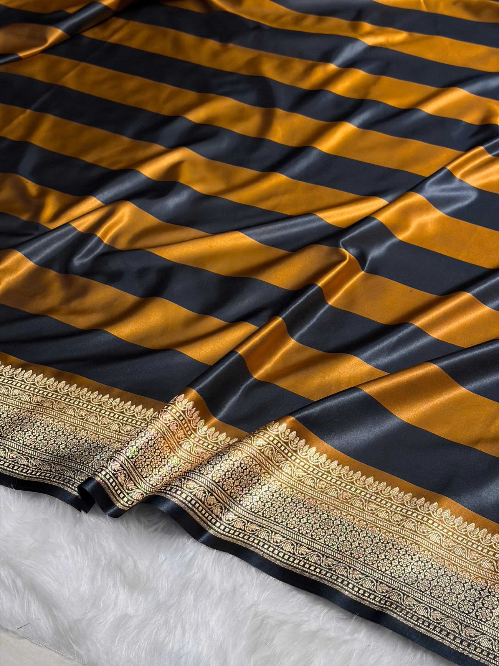 Mustard With Black Horizontal Strips Floral Border & Brocket Blouse Mashru Silk Saree MSM-84