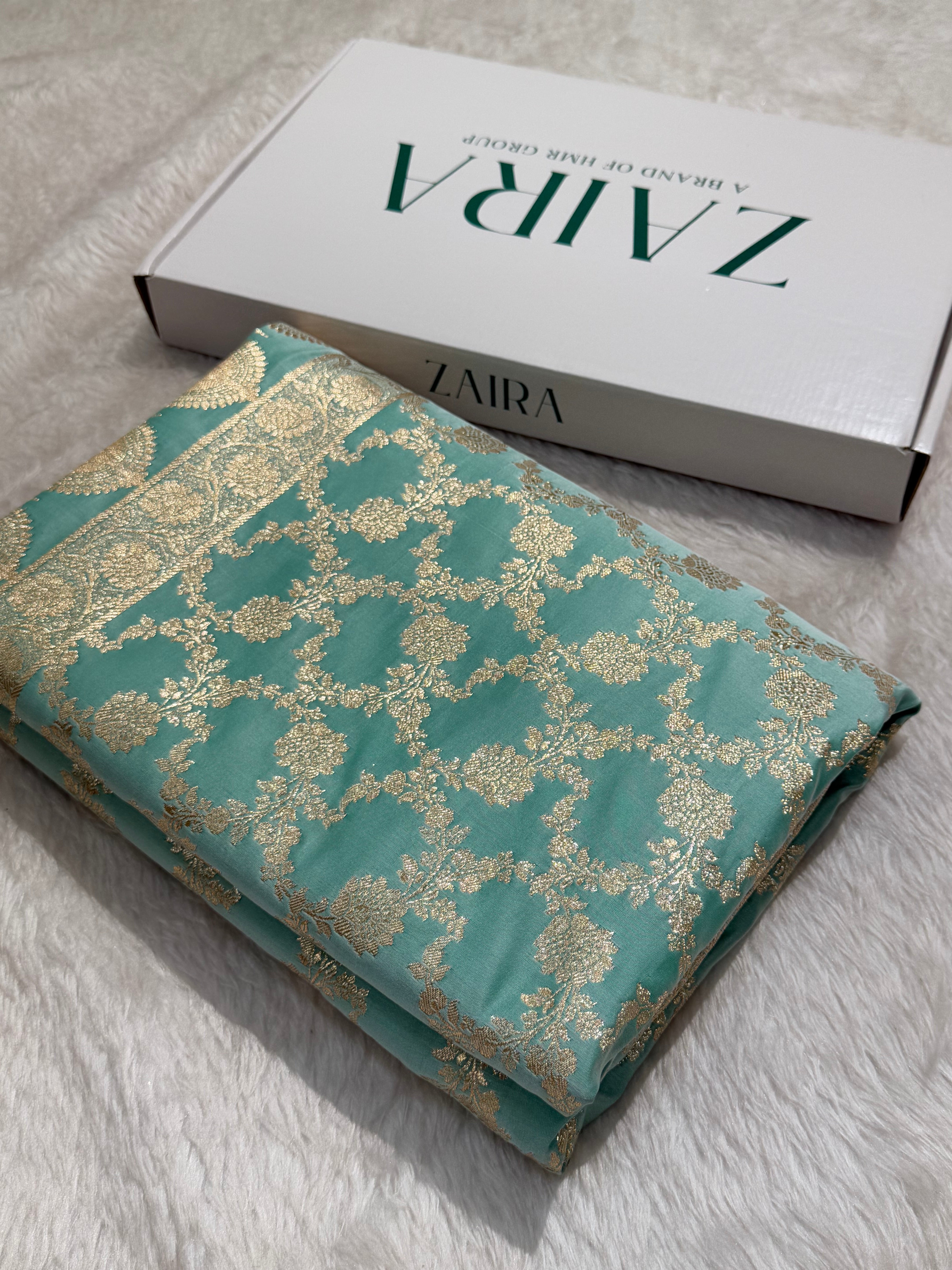 Pastel Seagreen Jaal Katan Silk saree SK25