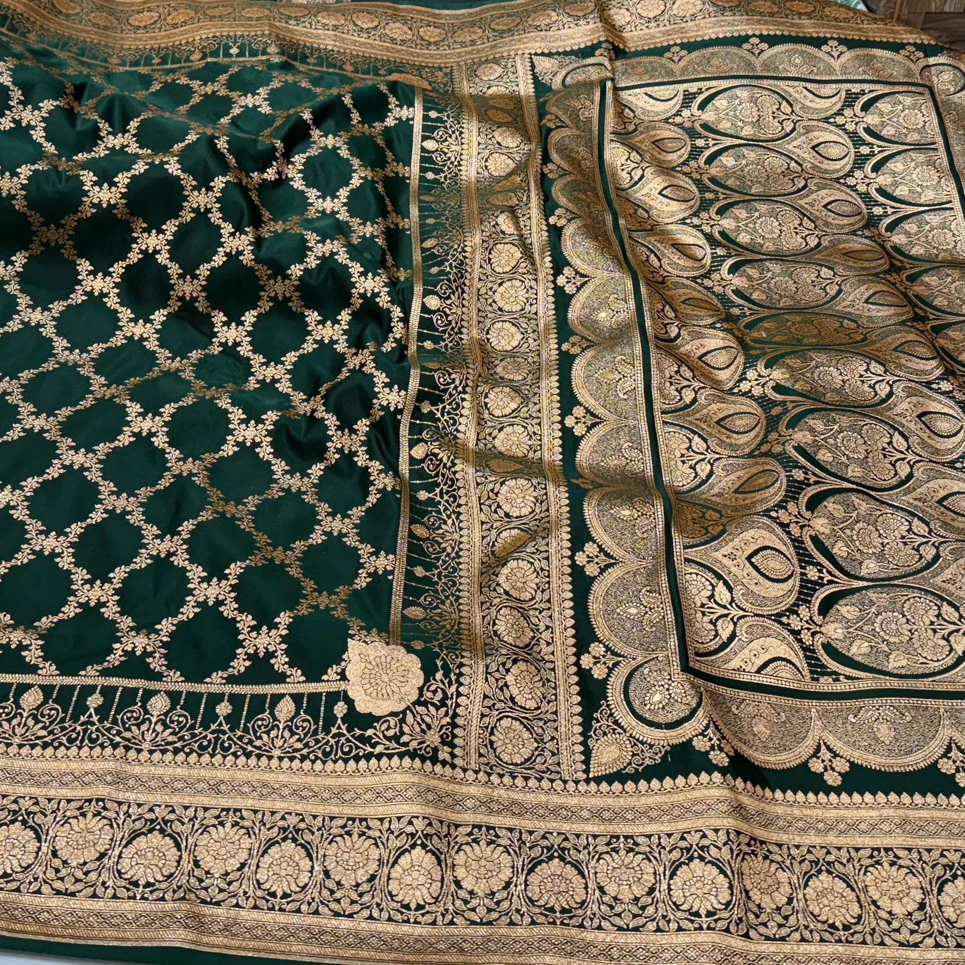 Katan Silk Saree In Bottle Green Shades