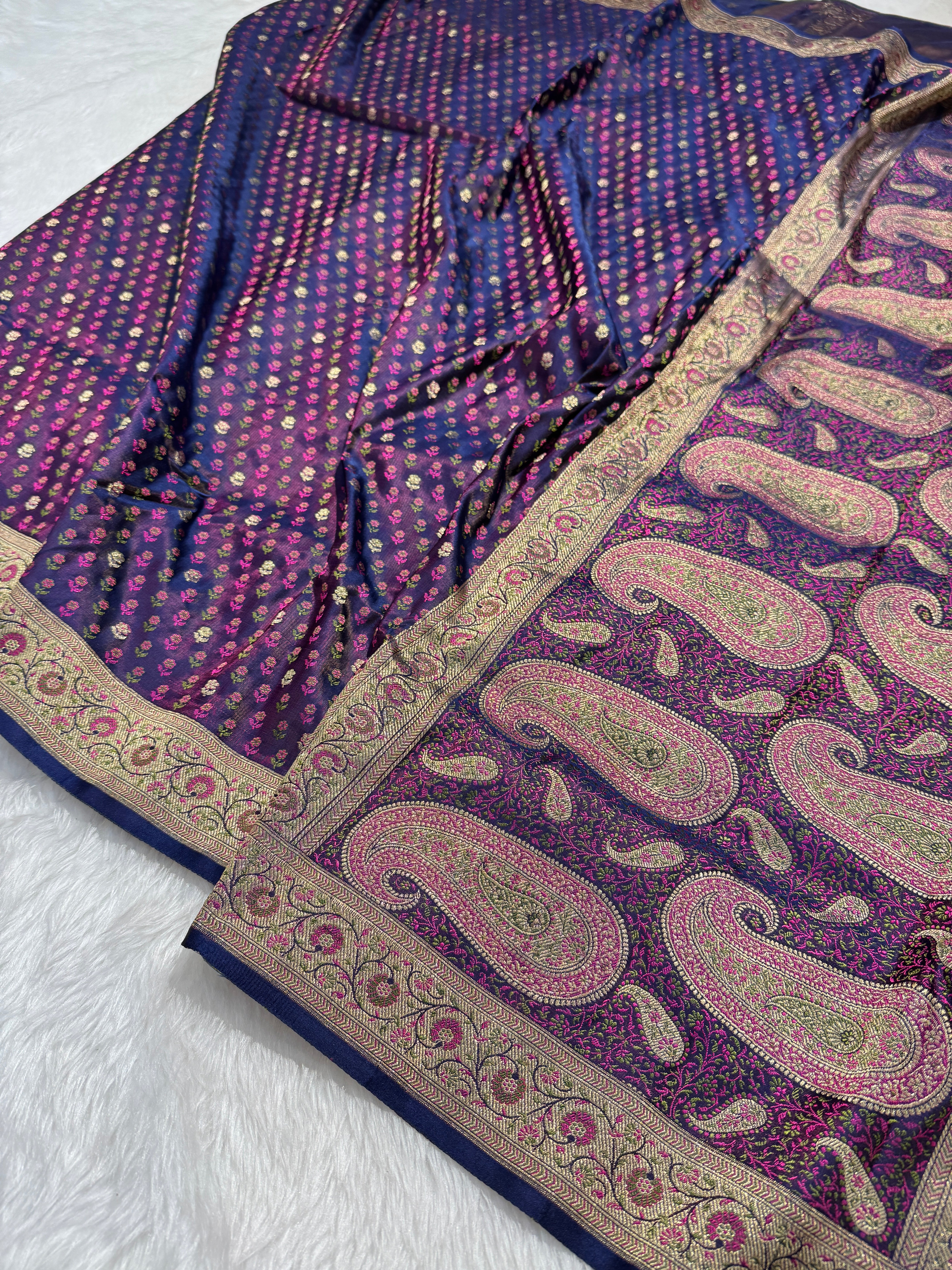 Cross Navy Minakari Tilfi booti Katan Silk Saree SKTM-01