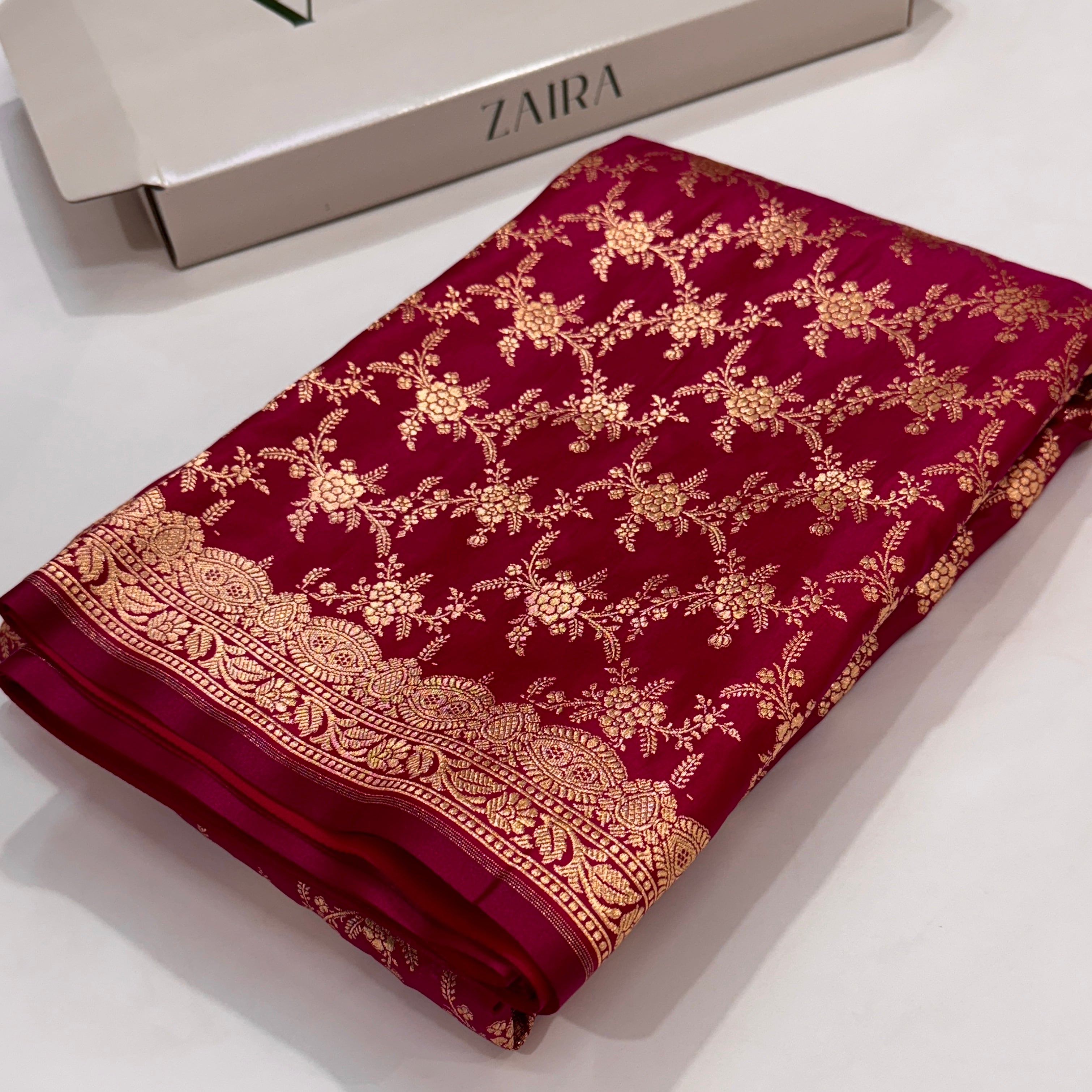 Light Wight Satin Silk Jaal in Rani Shades with brocade Blouse SS16