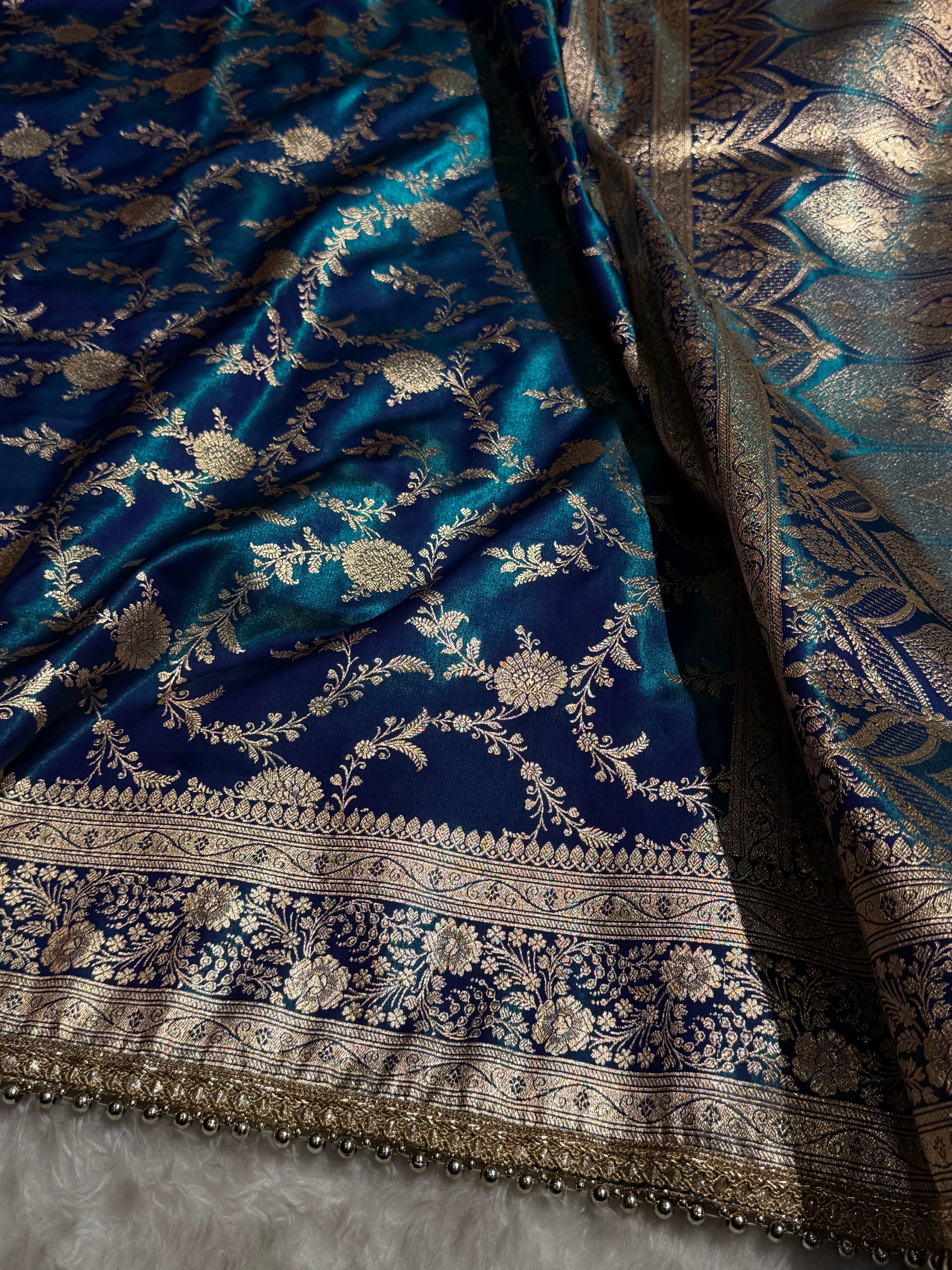 Peacock Jaal Satin Silk Saree with Gotta Patti