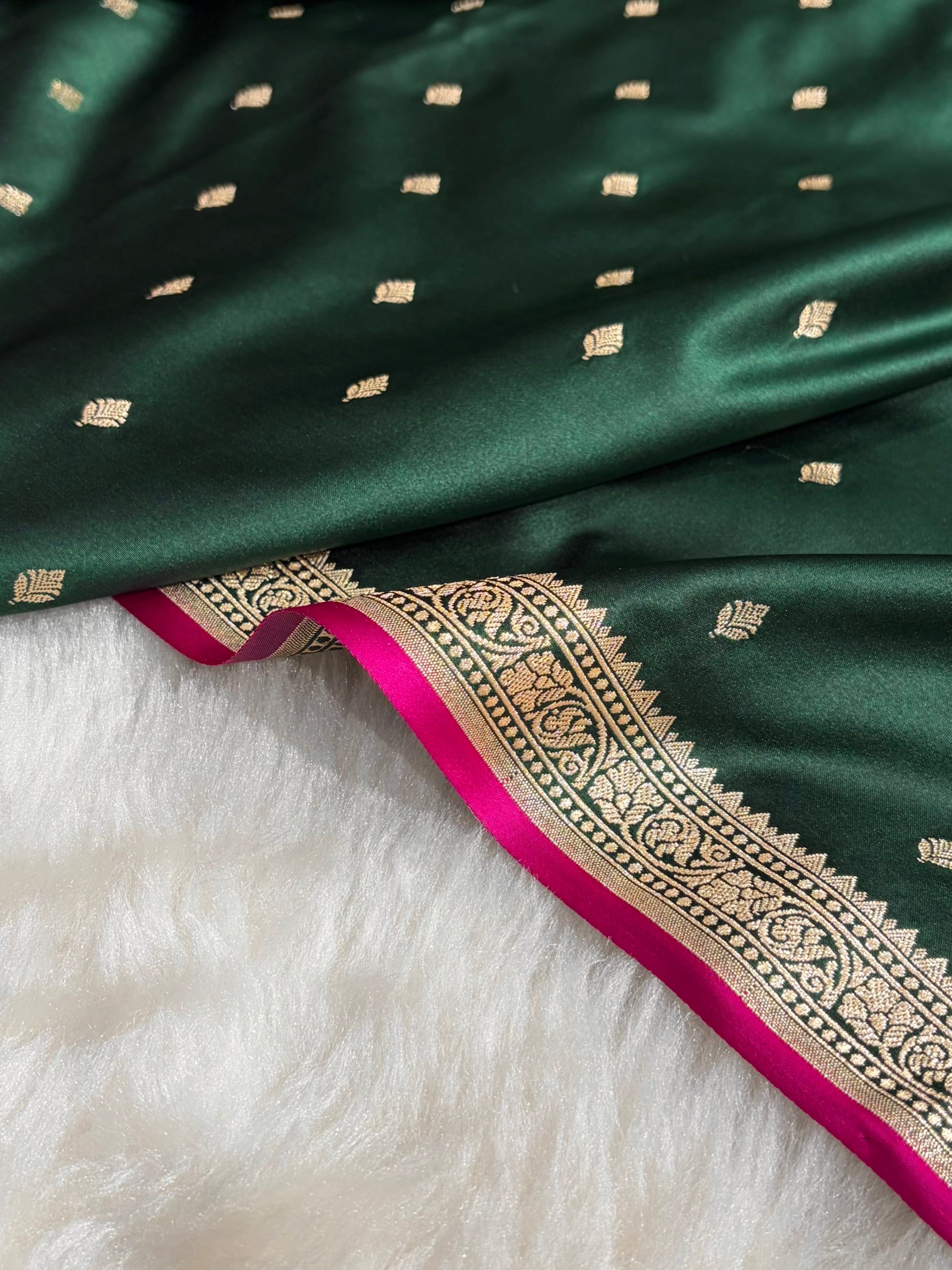 Premium Banarasi Satin Katan Saree in Dark Bottle Green Shades SK90