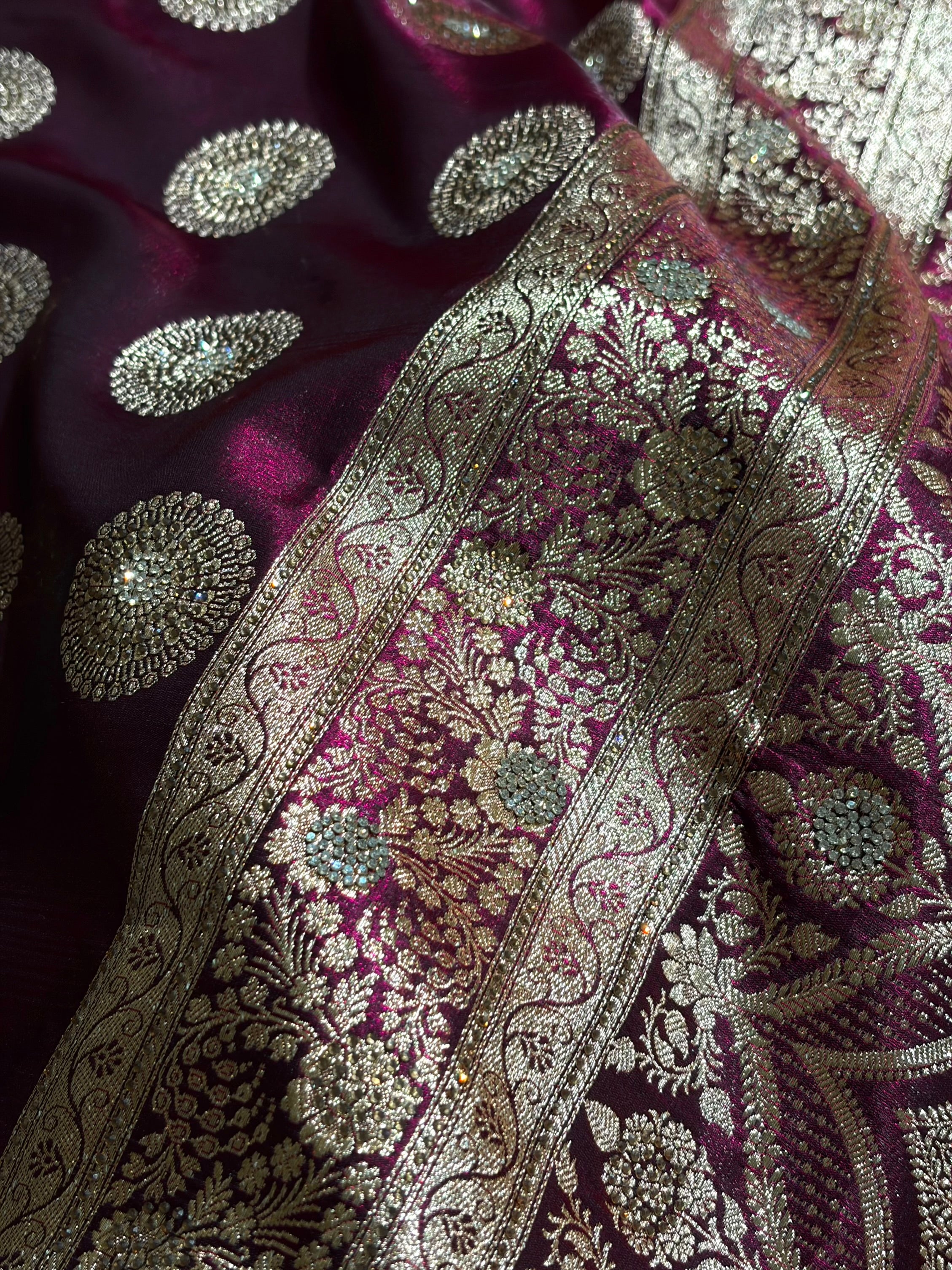 Wine Shades Banarasi With Swarovski Stone Work Satin Silk Saree BSS33