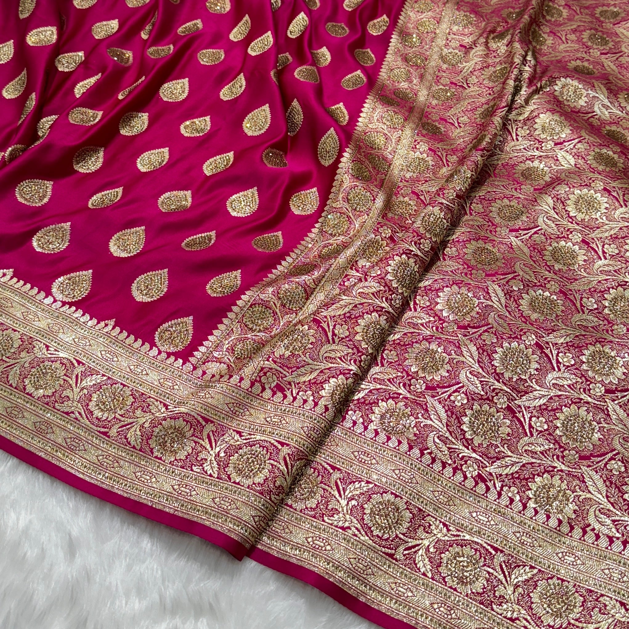 Rani Boota Satin Katan Silk Saree with Swarovski Work.