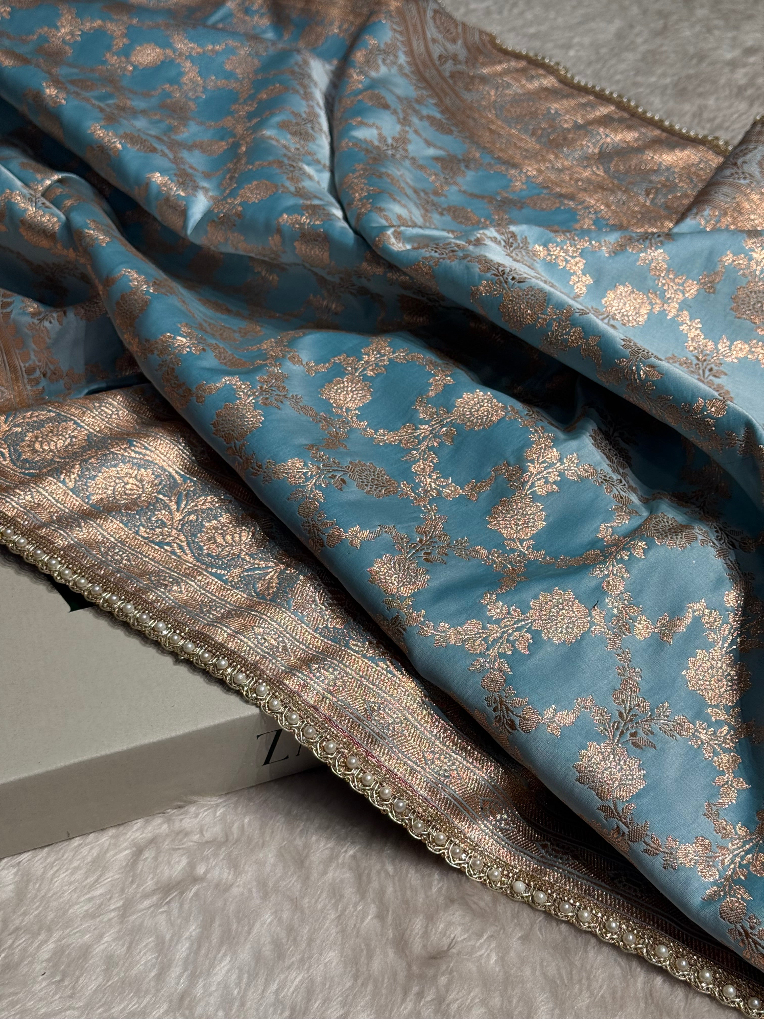 Banarasi Satin Katan Silk Saree In Sky Blue Shades with gotta Patti