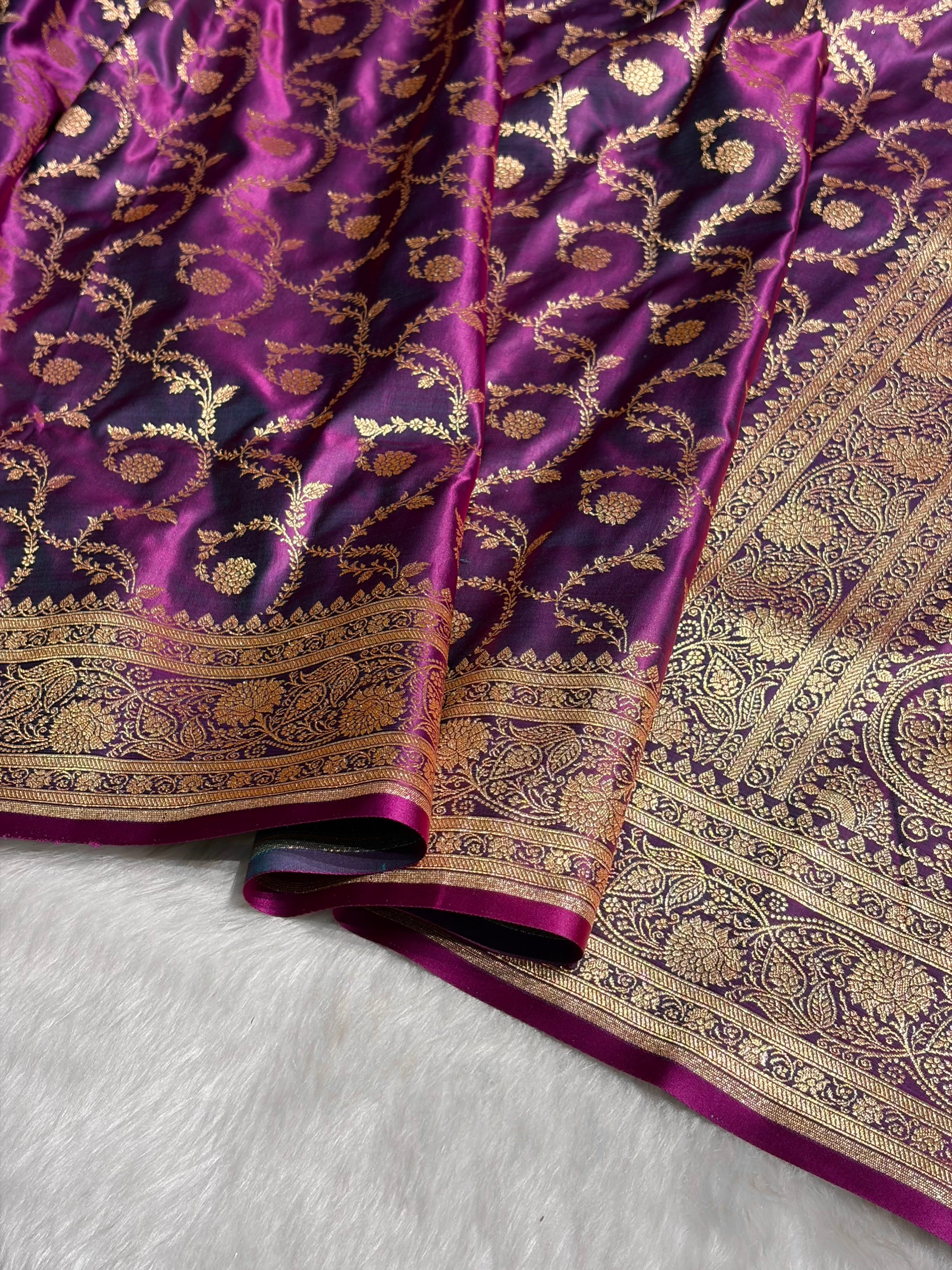Wine Floral Jaal Pattern Satin Katan Silk saree SK55