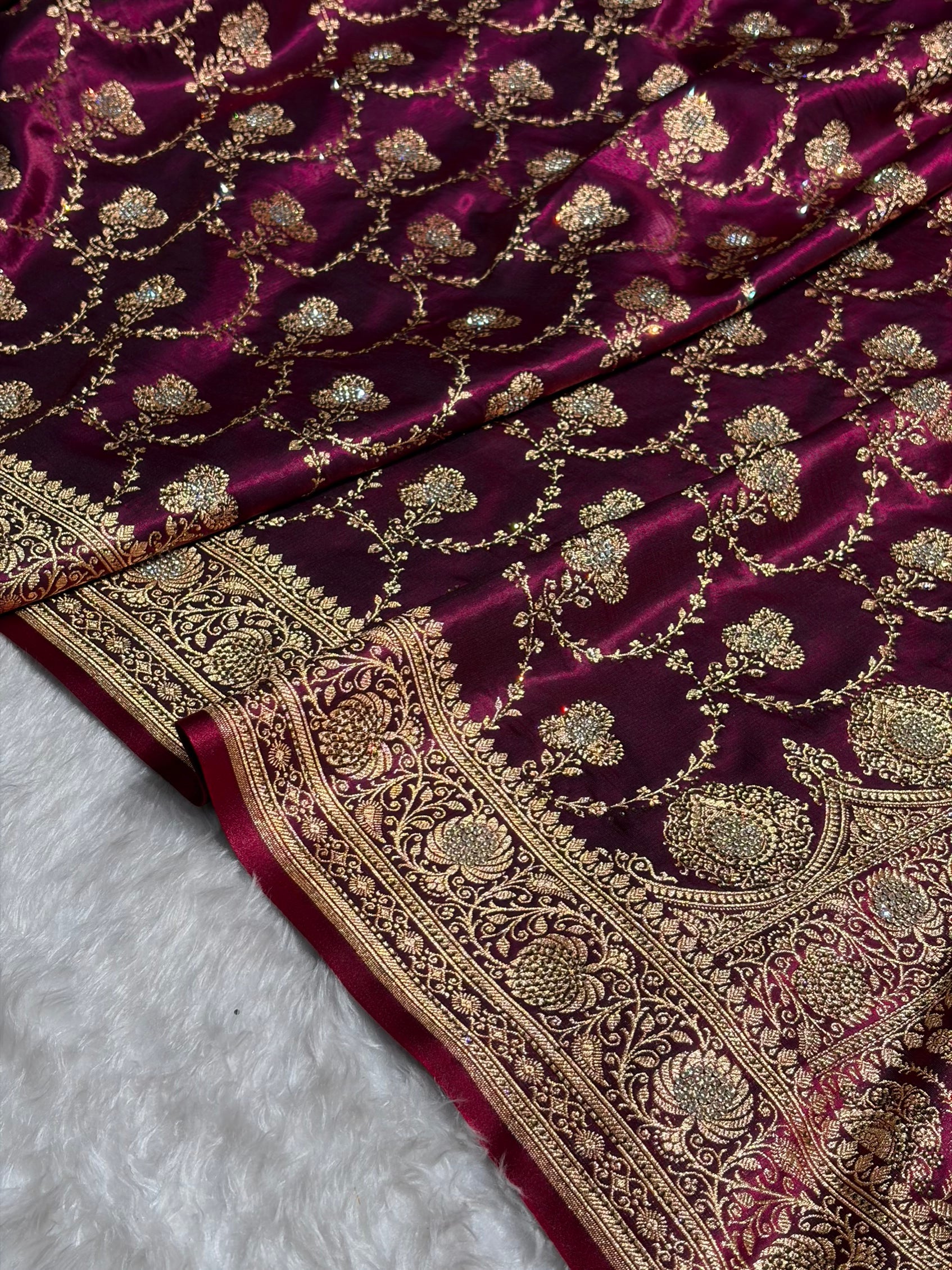 Satin Silk Saree Banarasi Swarovski Work Jaal in Wine Shades BSS23 (R)