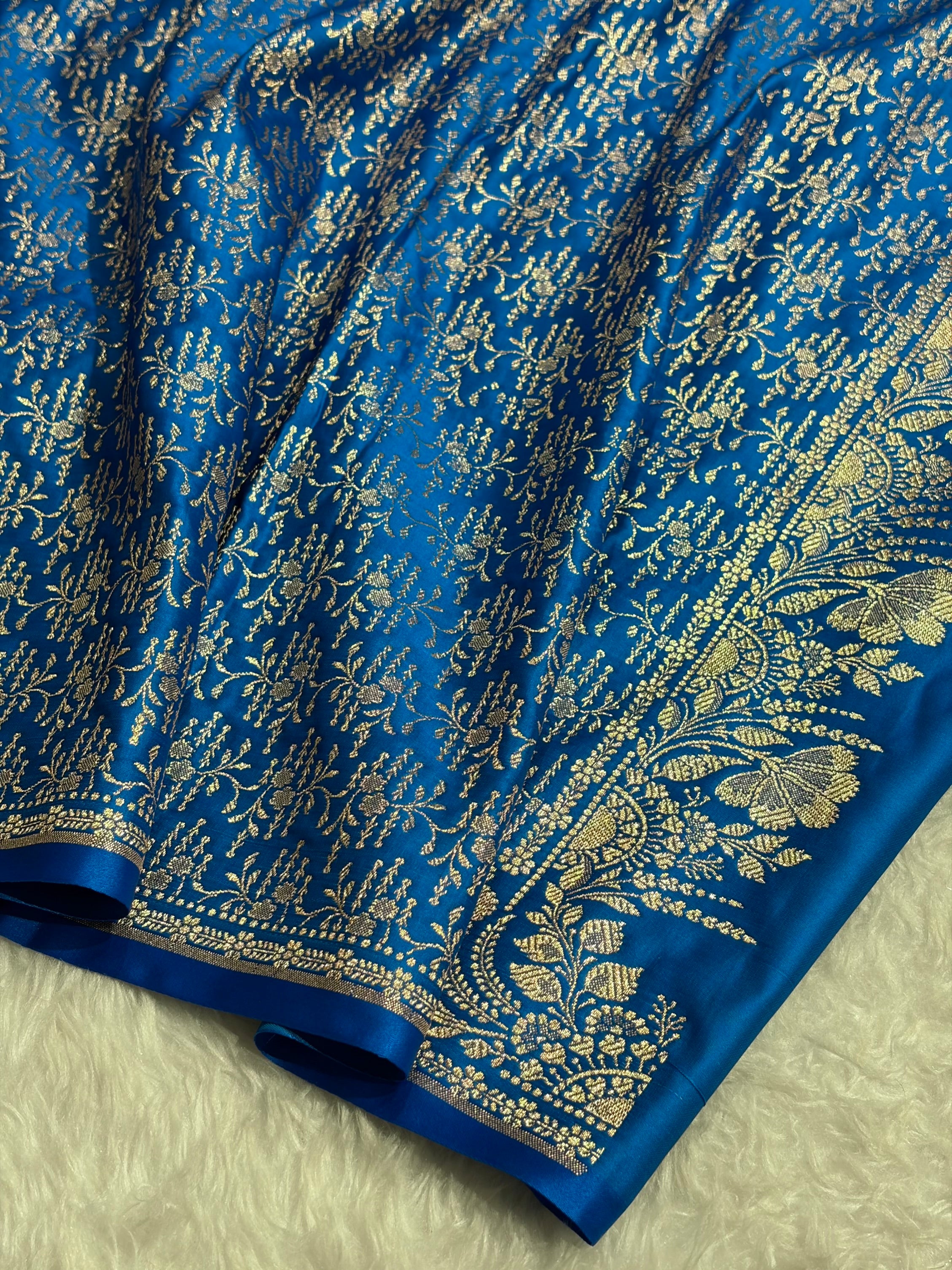 Banarasi Satin Katan Saree Floral Border Pattern in Blue Shades SK143