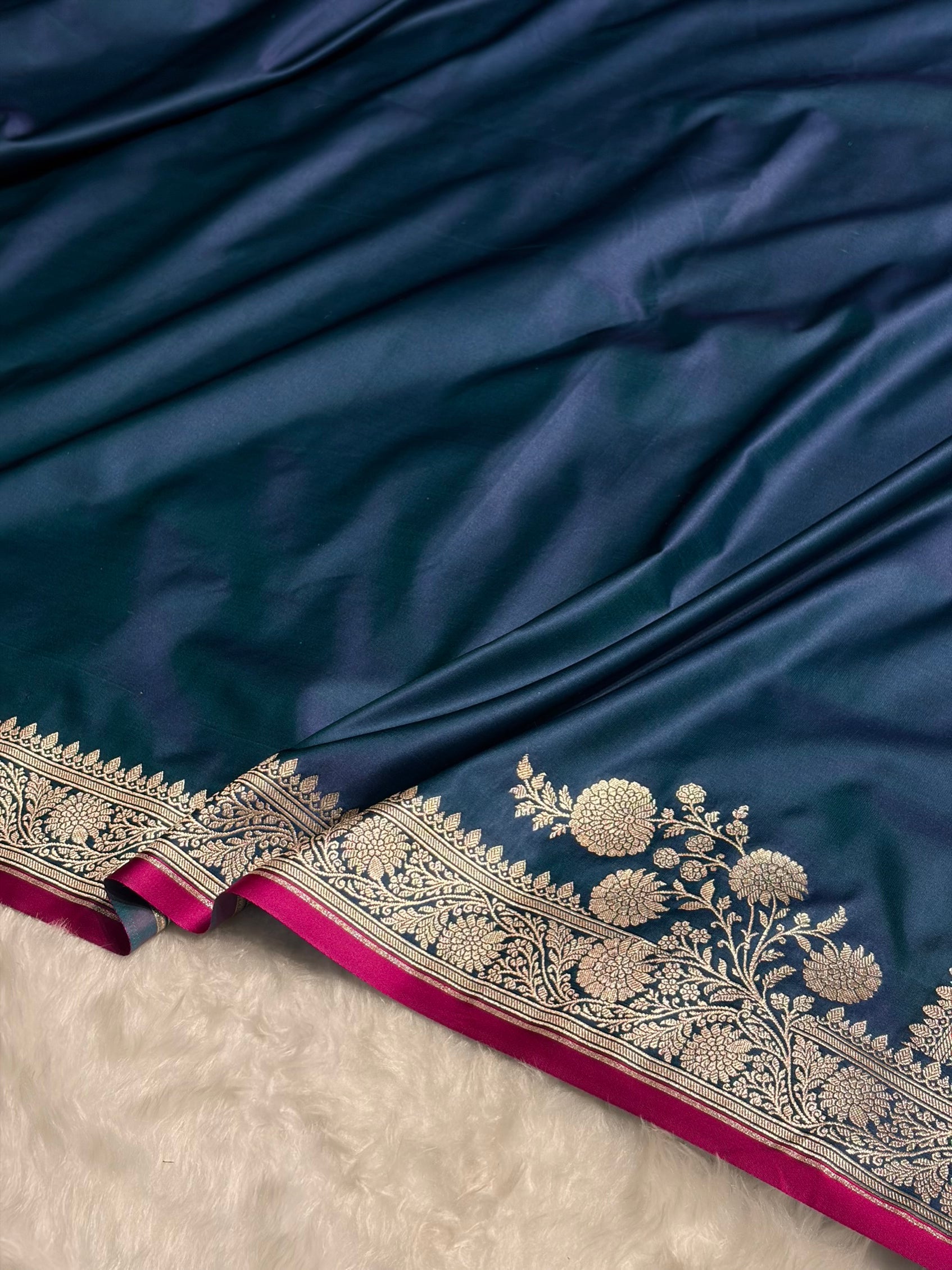 German Blue Shades Floral Border Mashru Silk Saree MSM-62