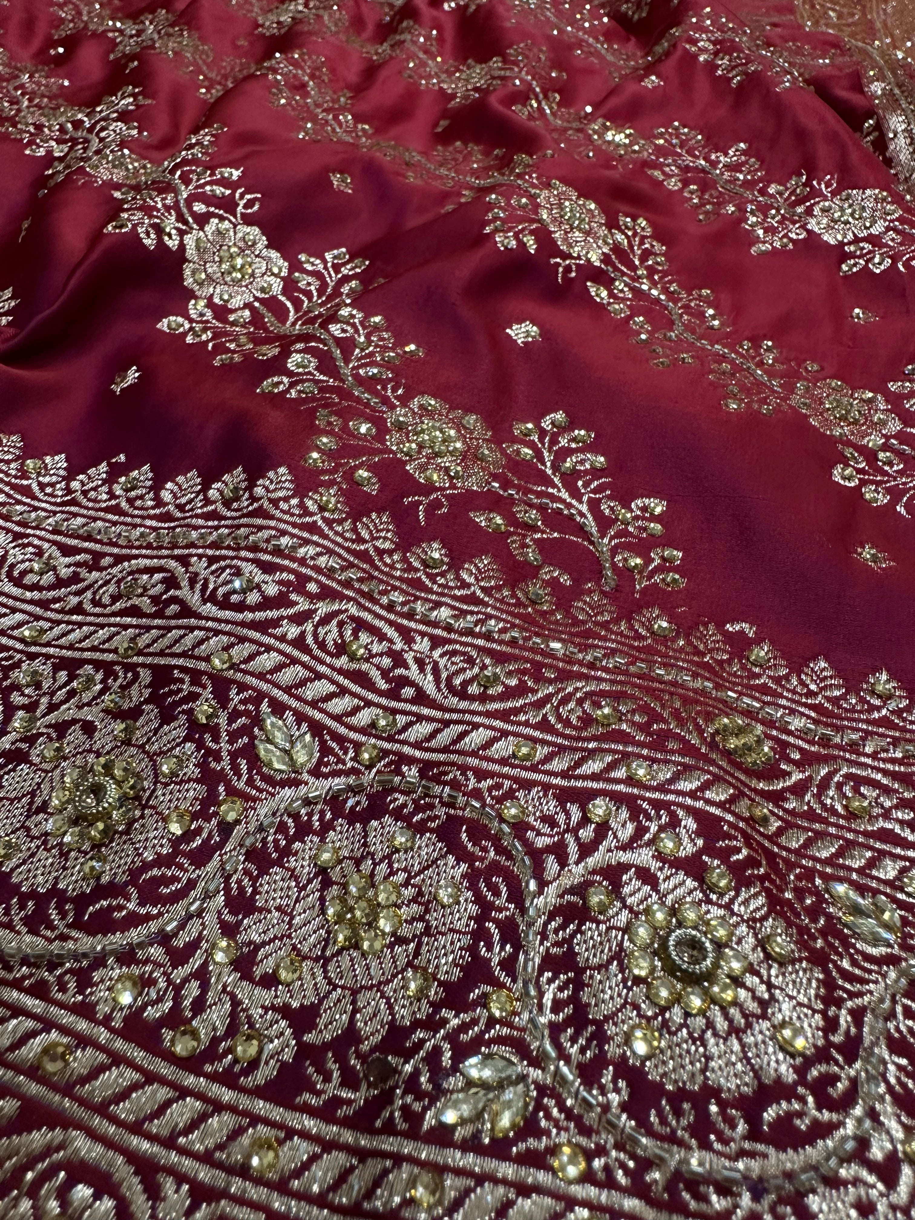 Metallic Red Katan Silk Saree with Ari and Stone Work
