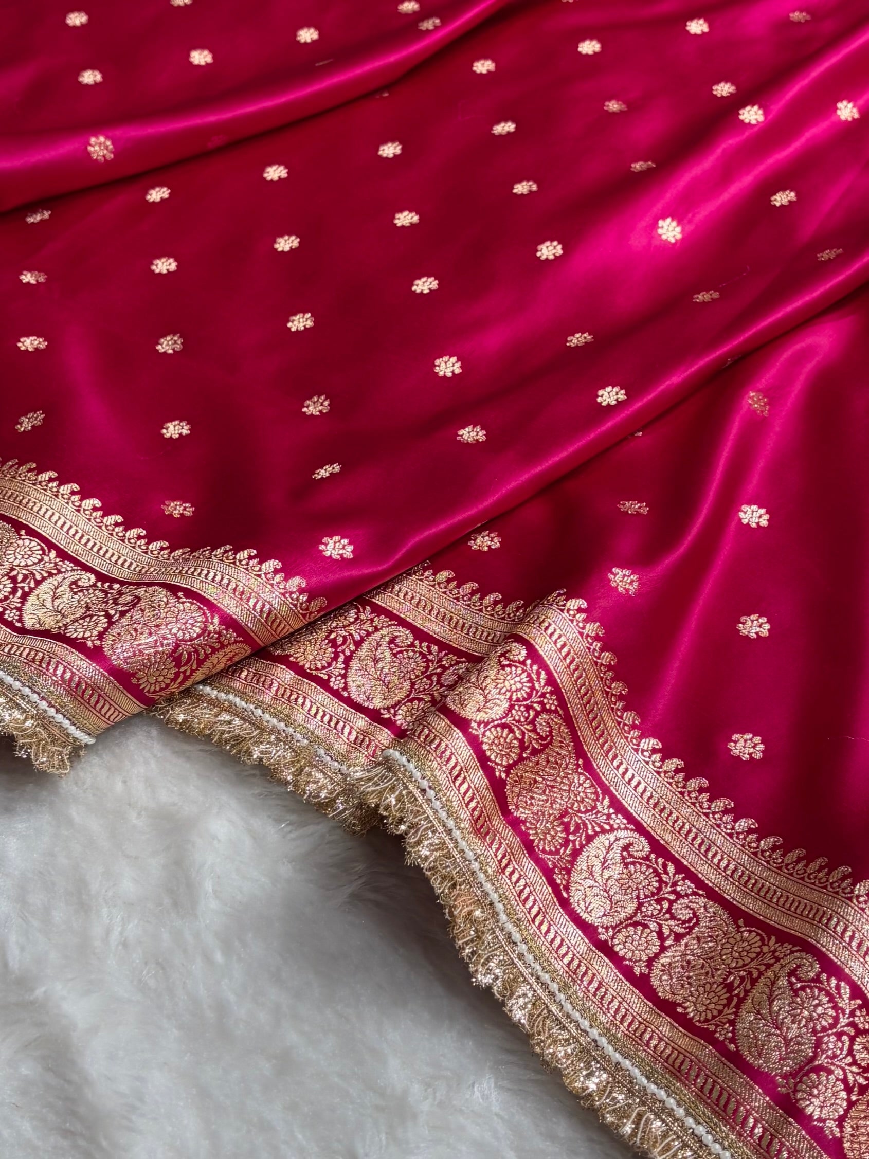 Banarasi Satin Katan Saree With Gotta Patti Boota Pattern in Cross Rani Shades SKGP127