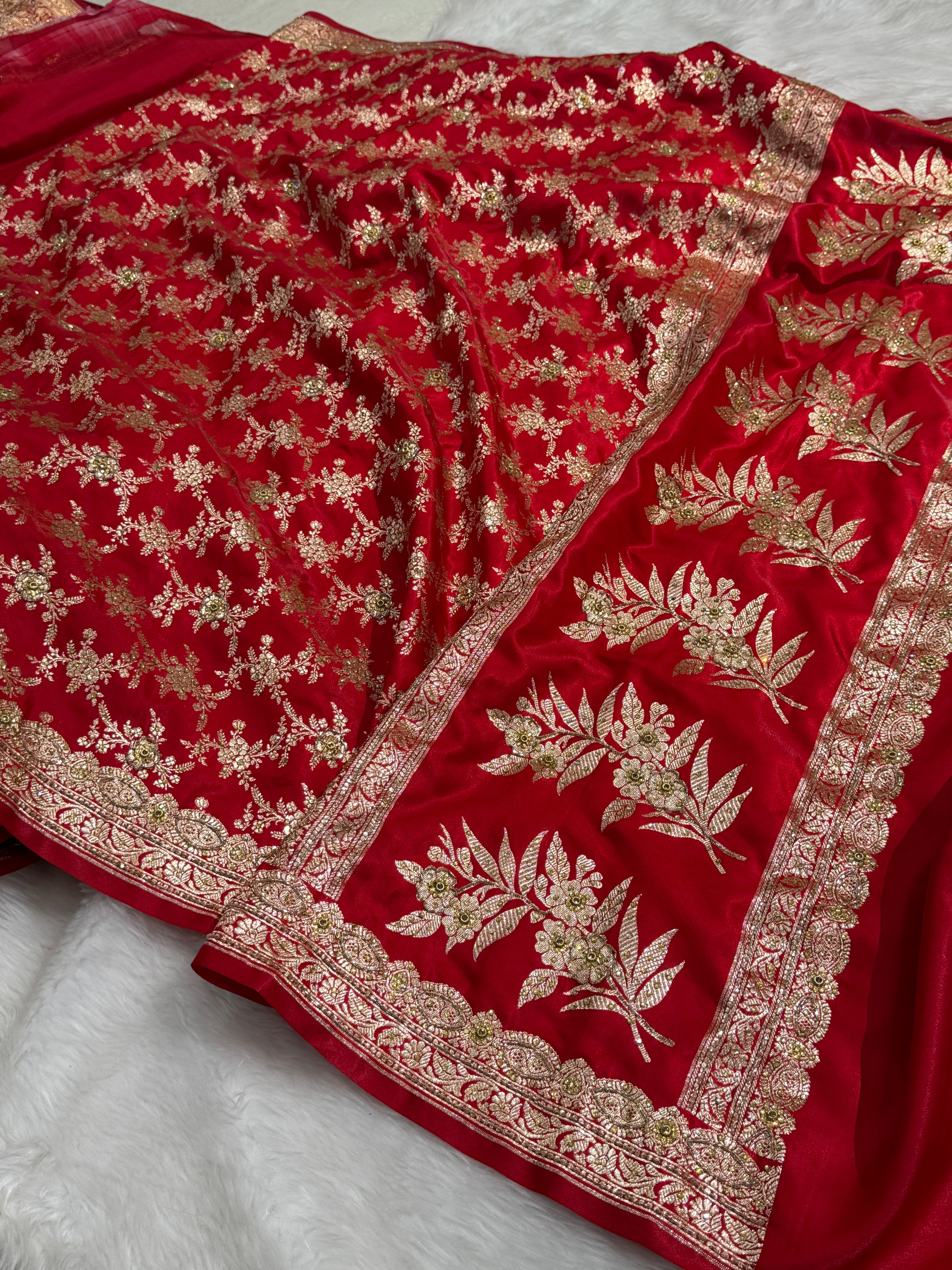 Bridal Red Jaal with Ari and Stone with brocade Blouse