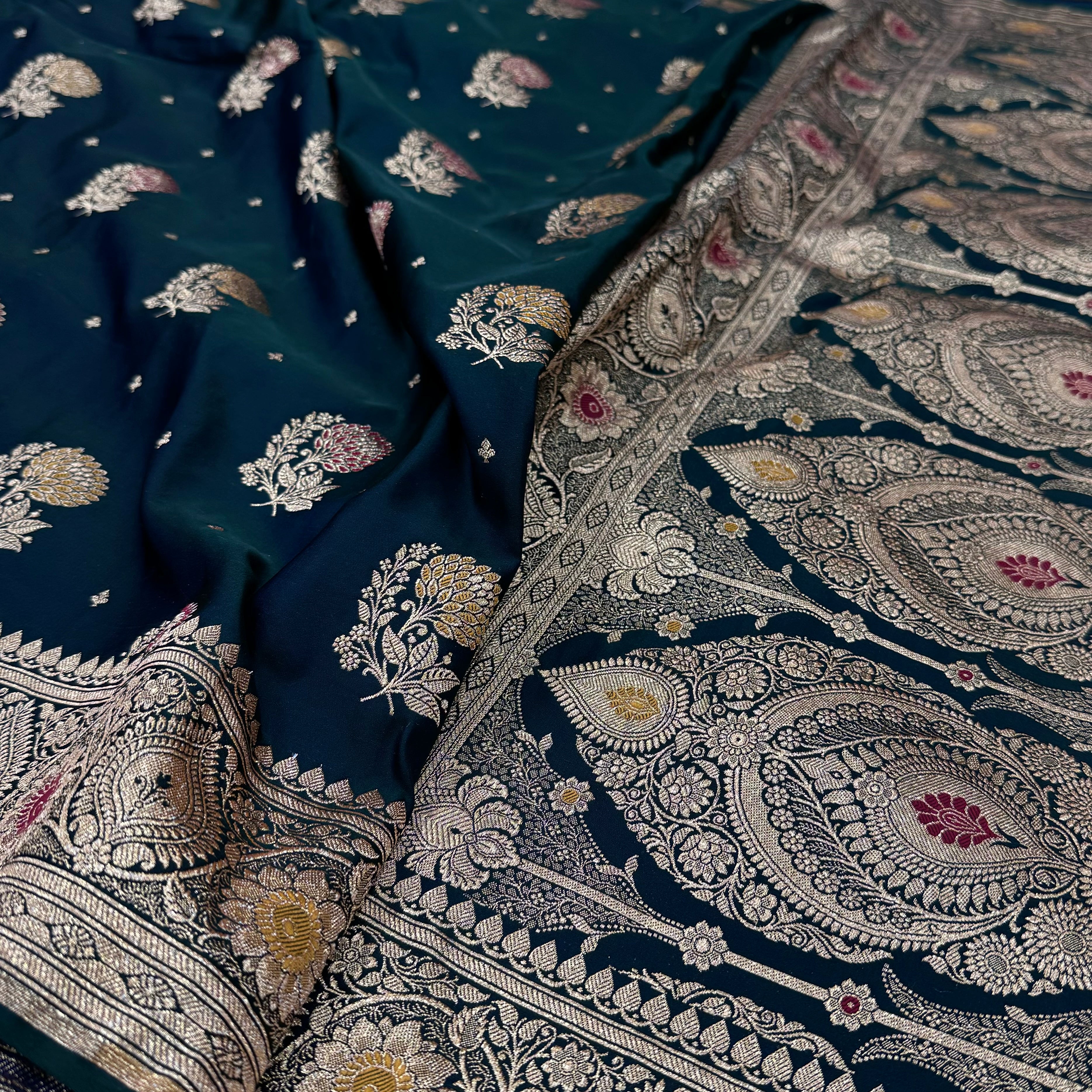 Dark Bottle Green Minakari Boota Mashru Silk Saree